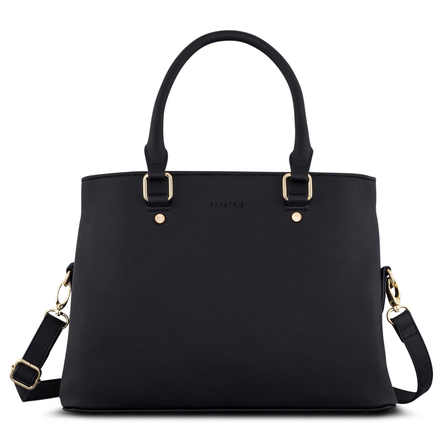 Schwarze Henkeltasche Julie für Damen mit goldfarbenen Metallbeschlägen und abnehmbarem Schulterriemen