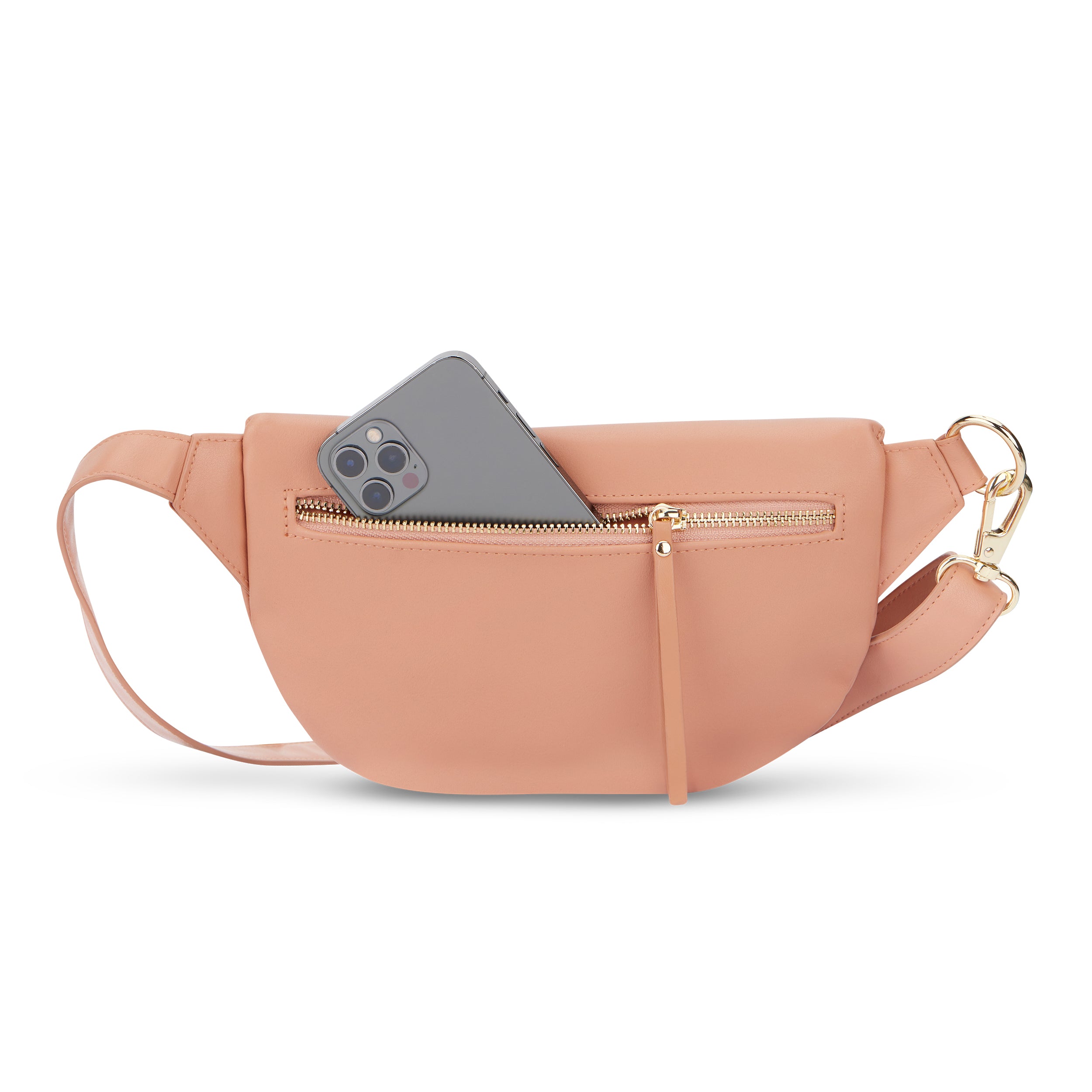 Bauchtasche Alice Small in hellbraun mit Reißverschlusstasche und grauem Smartphone