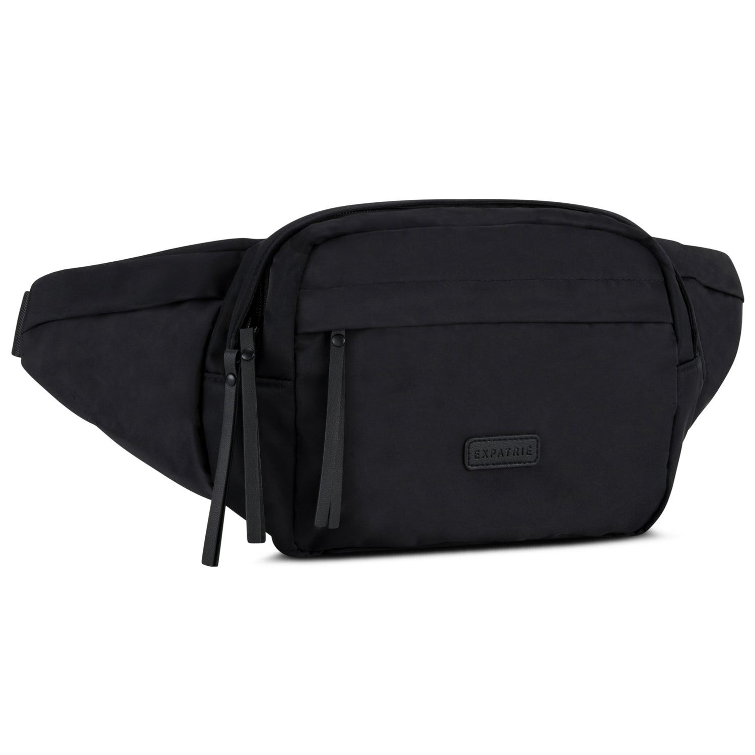 Schwarze Bauchtasche Justine mit zwei Reißverschlussfächern und Expatrié-Logo vorne