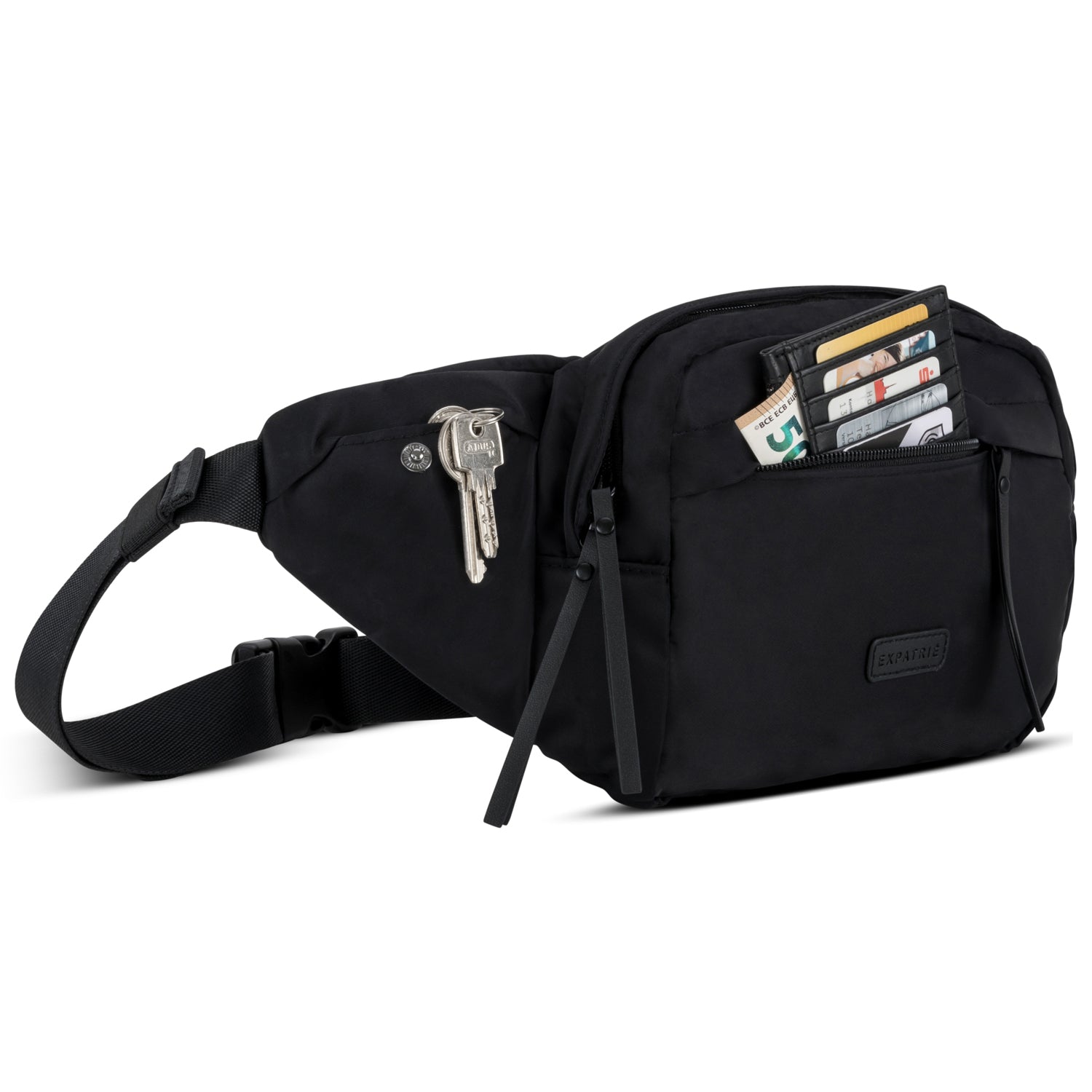 Schwarze Bauchtasche 'Justine' aus Nylon mit mehreren Reißverschlusstaschen, Schlüsselanhänger und Sichtfach mit Karten und Geld