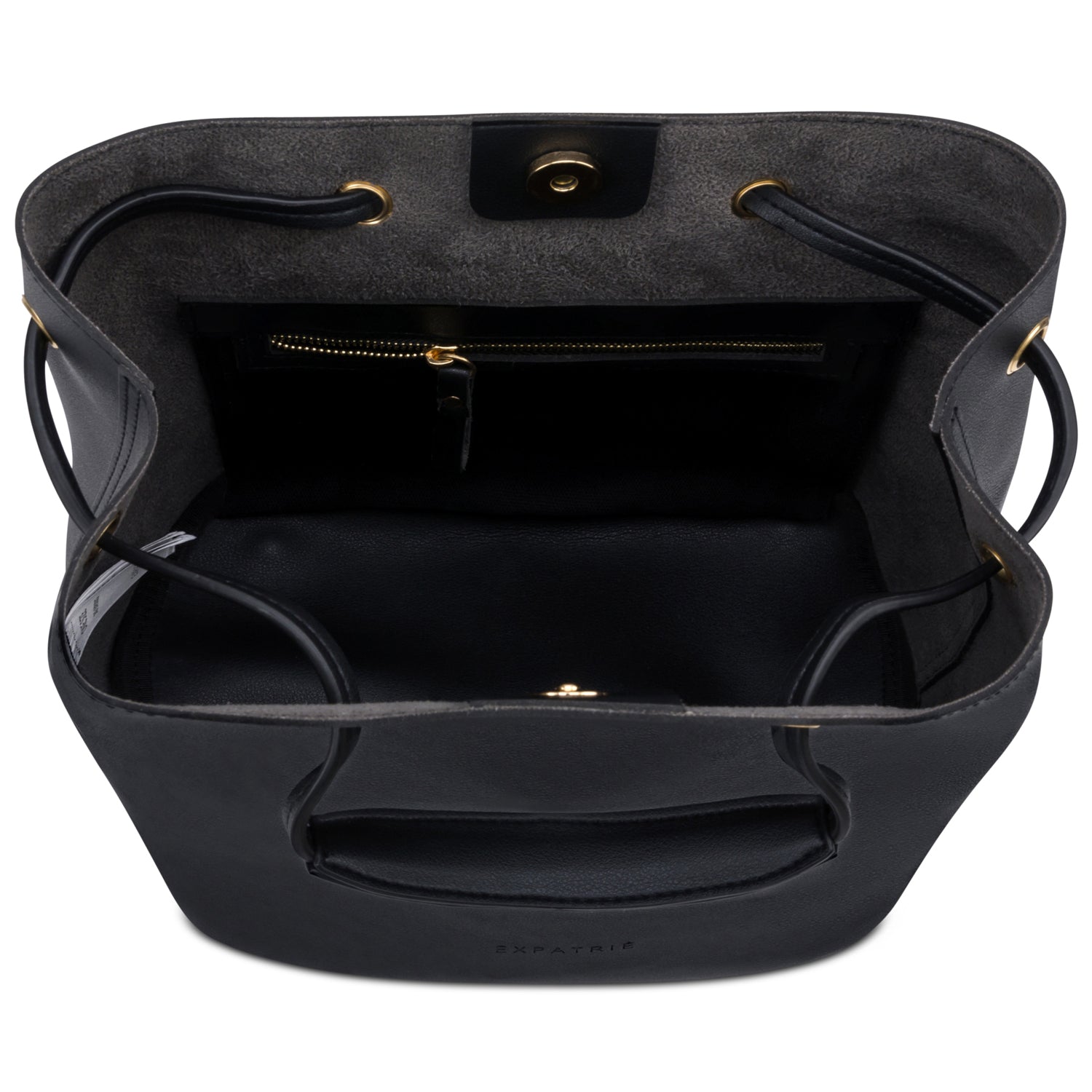 Schwarze kleine Beuteltasche Élodie aus Kunstleder mit goldfarbenem Reißverschluss im Innenfach