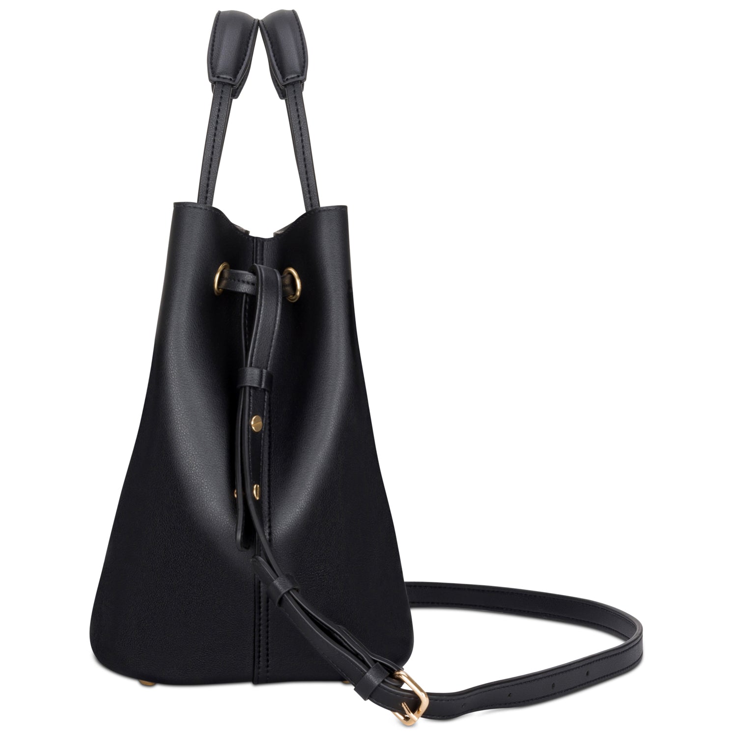 Kleine schwarze Leder-Beuteltasche Élodie mit goldfarbenen Metalldetails und verstellbarem Schulterriemen
