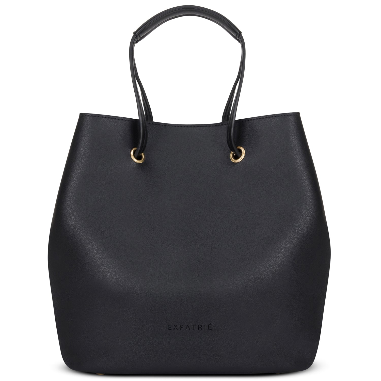 Kleine schwarze Beuteltasche Élodie aus glattem Material mit goldfarbenen Ösen und Doppelhenkeln