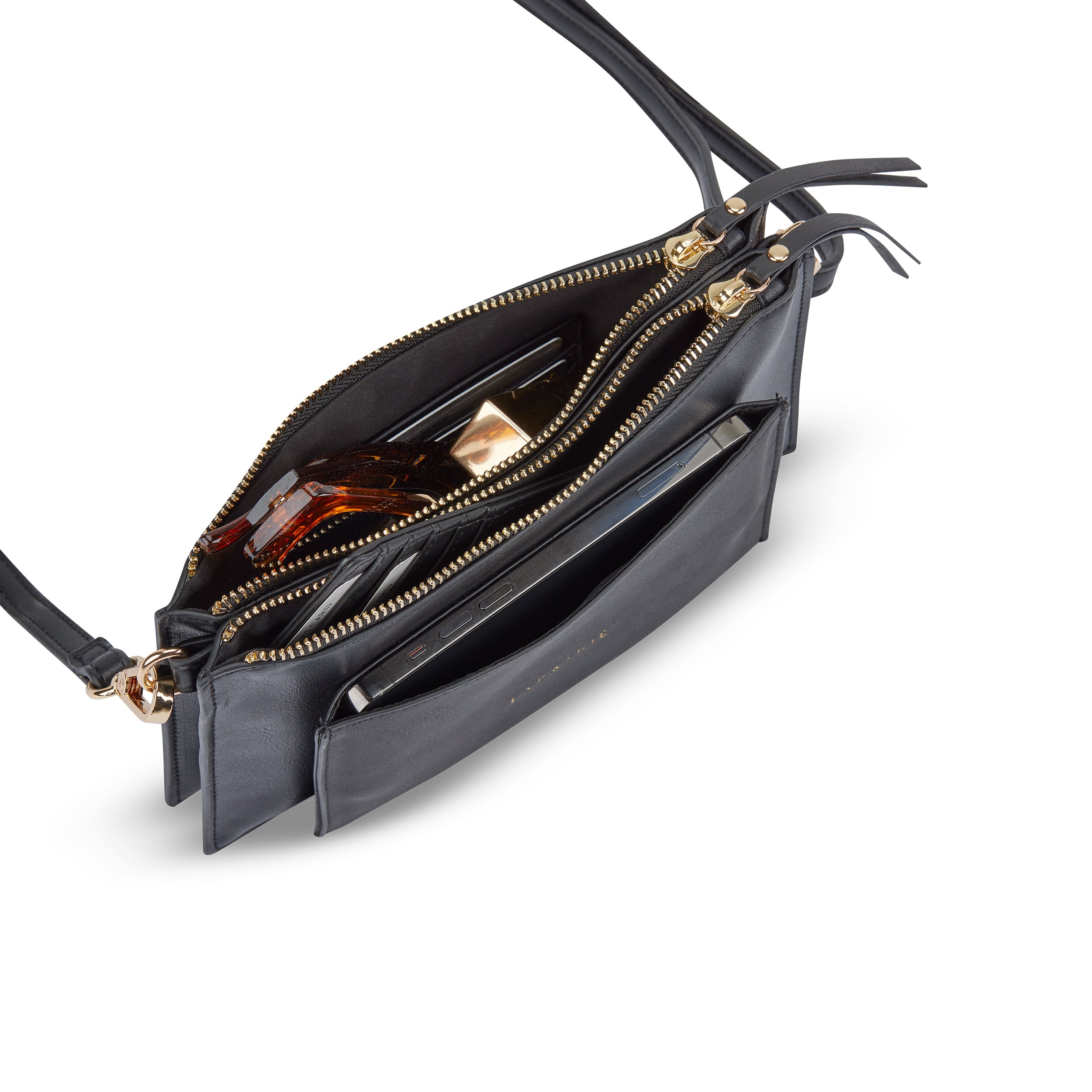 Clutch Isabelle in Schwarz mit zwei Reißverschlussfächern, goldenen Details, Handy und Kosmetik darin