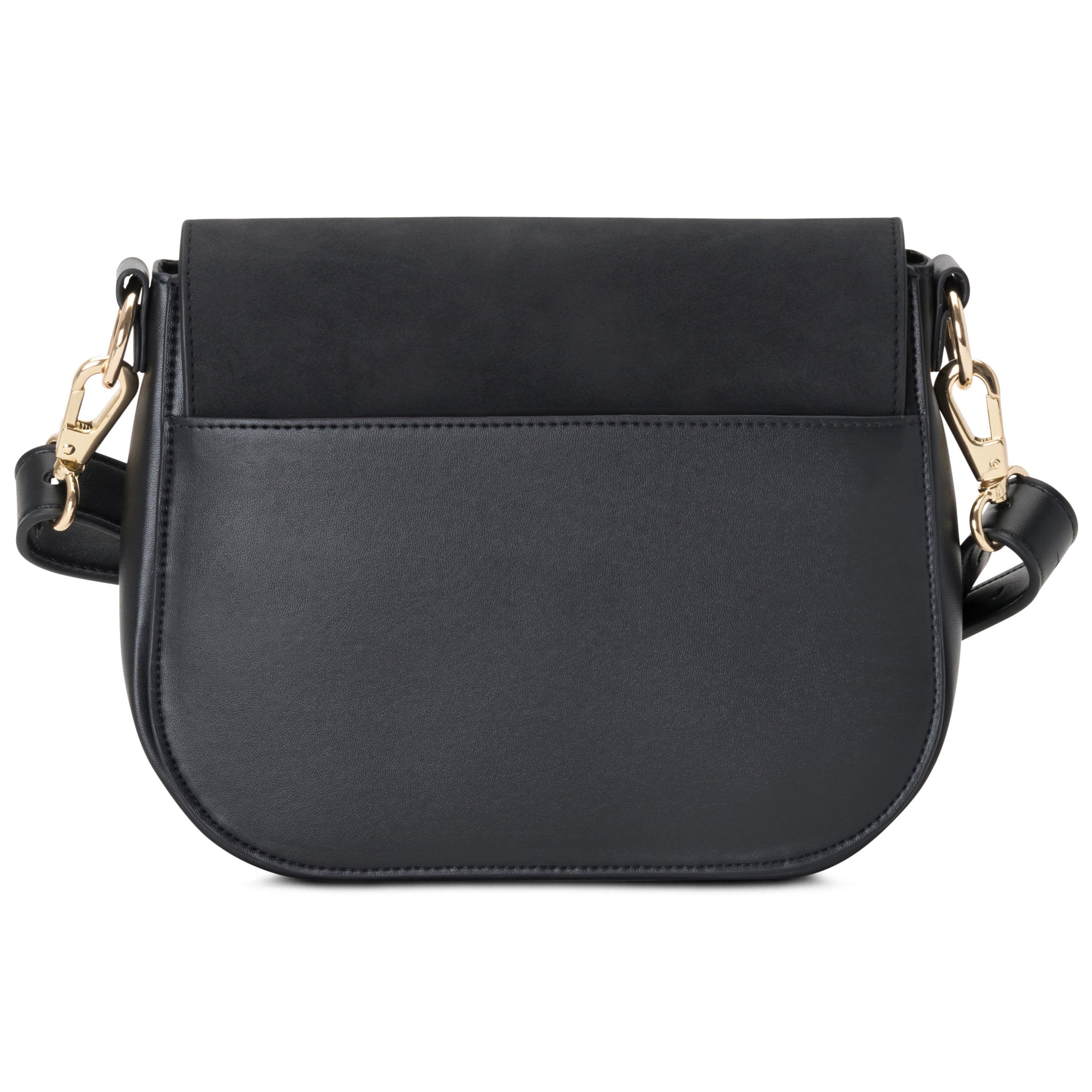 Schwarze Saddle Bag Louise Medium mit glattem und samtigem Materialmix und goldfarbenen Haken