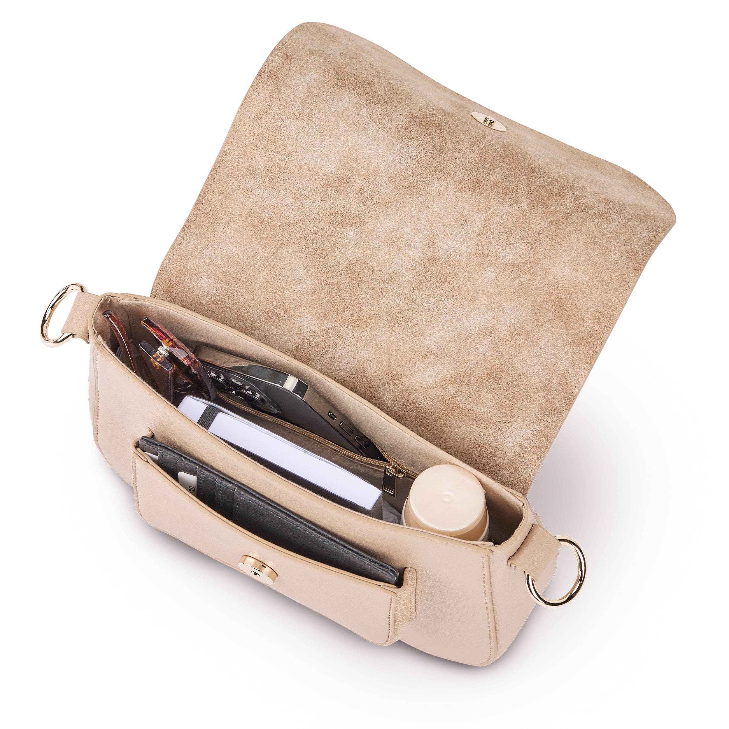 Beige Saddle Bag Louise Medium mit mehreren Fächern, gefüllt mit Geldbörse, Notizblock und Kosmetik