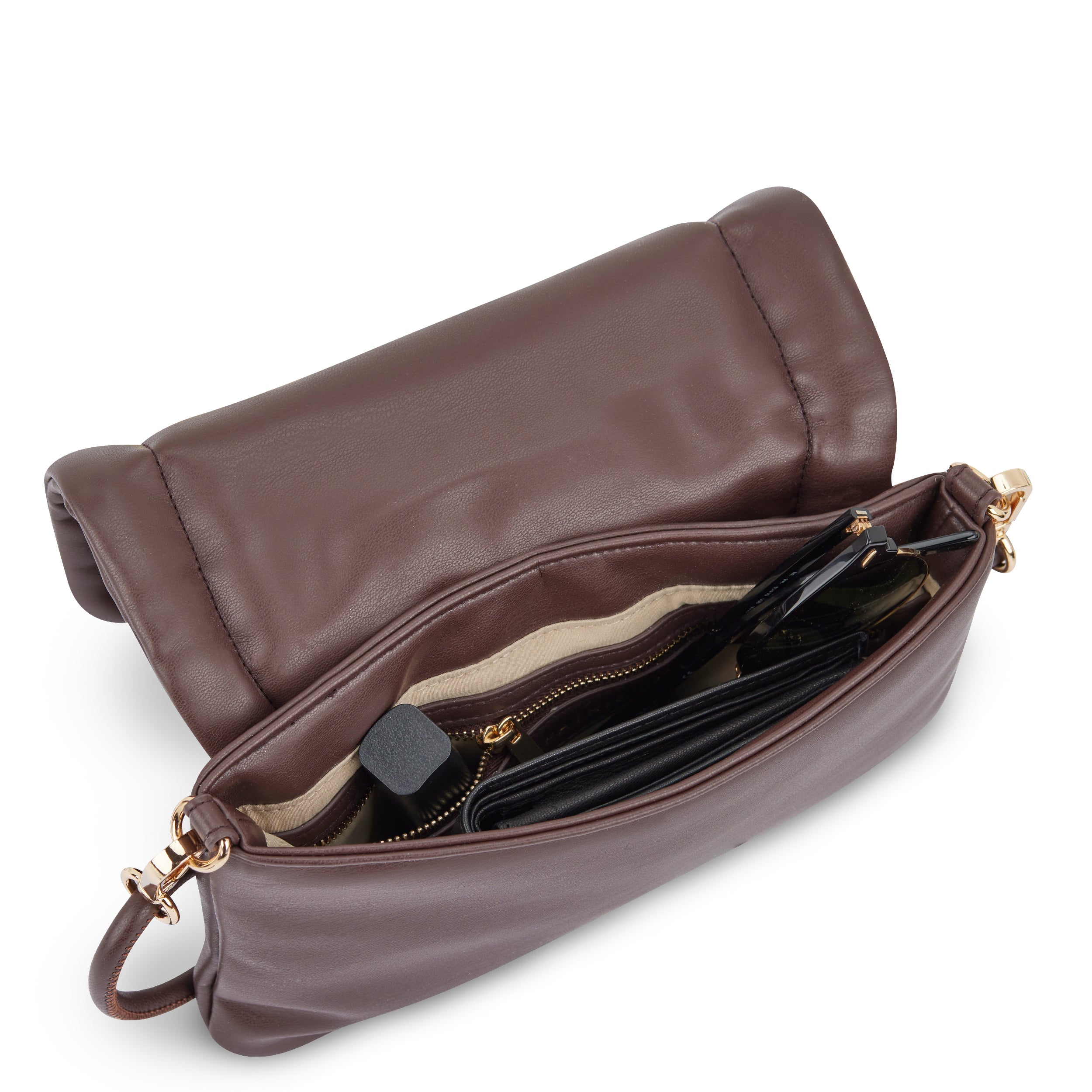 Braune Umhängetasche Zoe Small aus Leder mit Reißverschlussfach, Sonnenbrille und Geldbörse innen