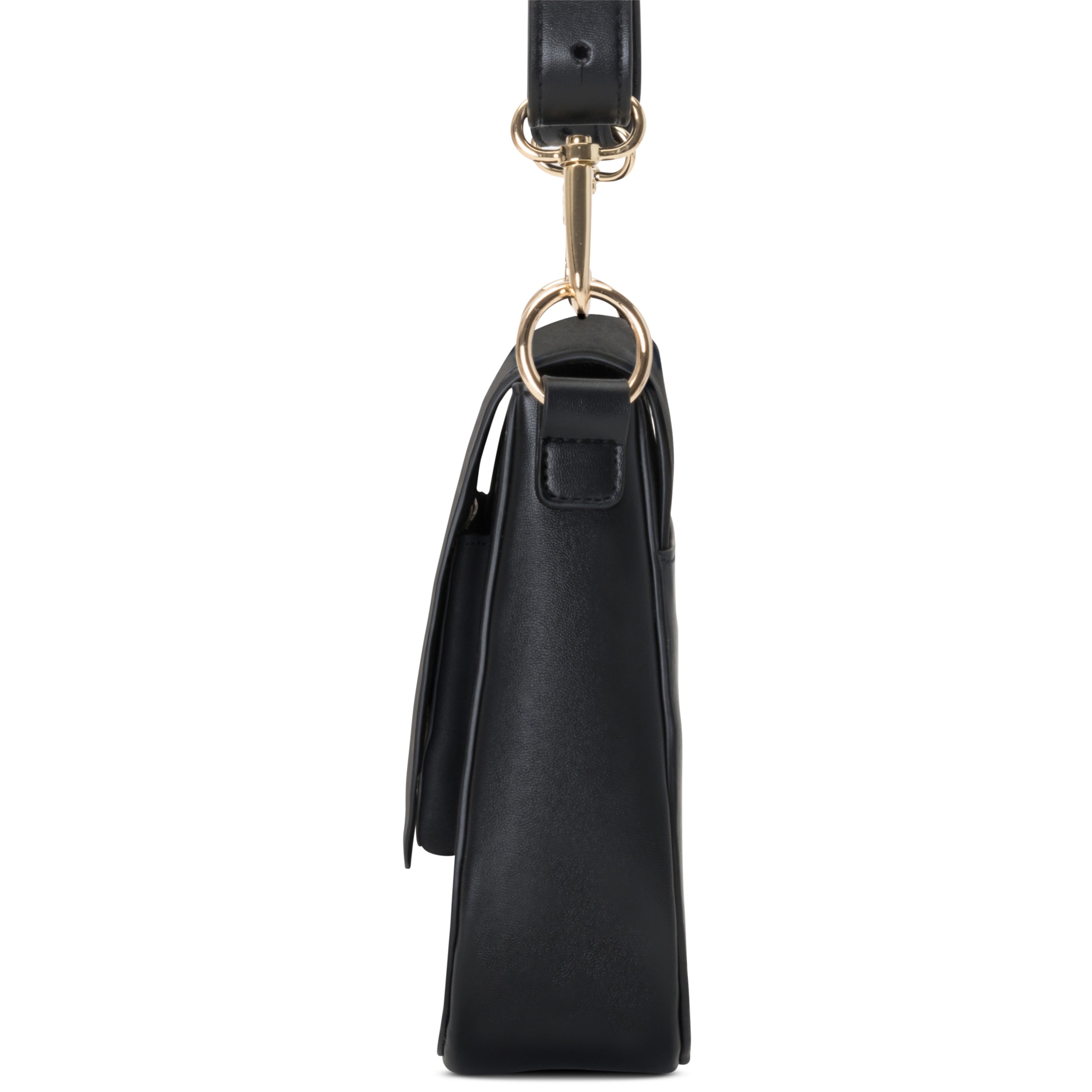 Schwarze Saddle Bag Louise Medium aus glattem Material mit goldfarbenen Metallringen an der Seite