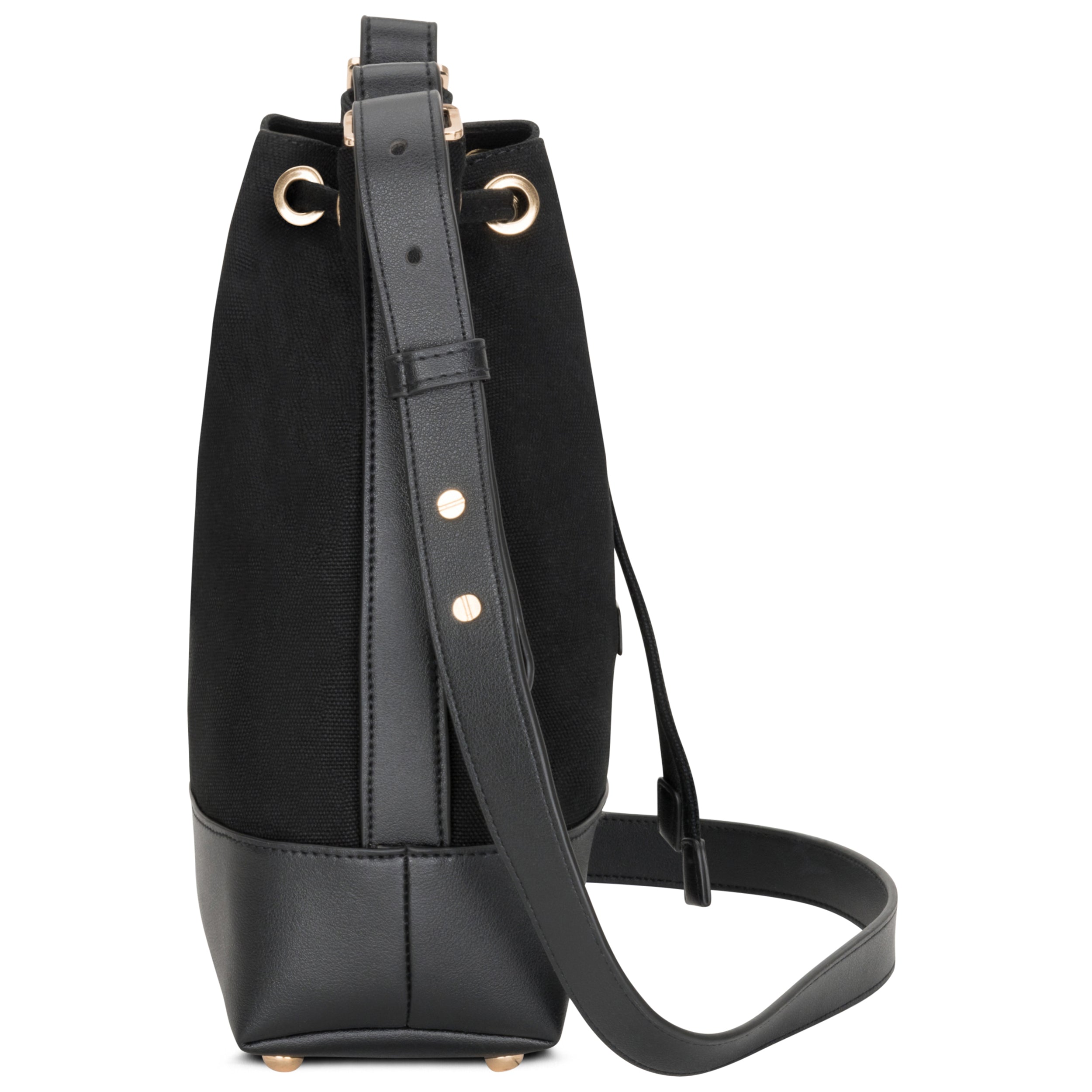 Kleine schwarze Beuteltasche Lily für Damen mit verstellbarem Riemen und goldfarbenen Metallösen