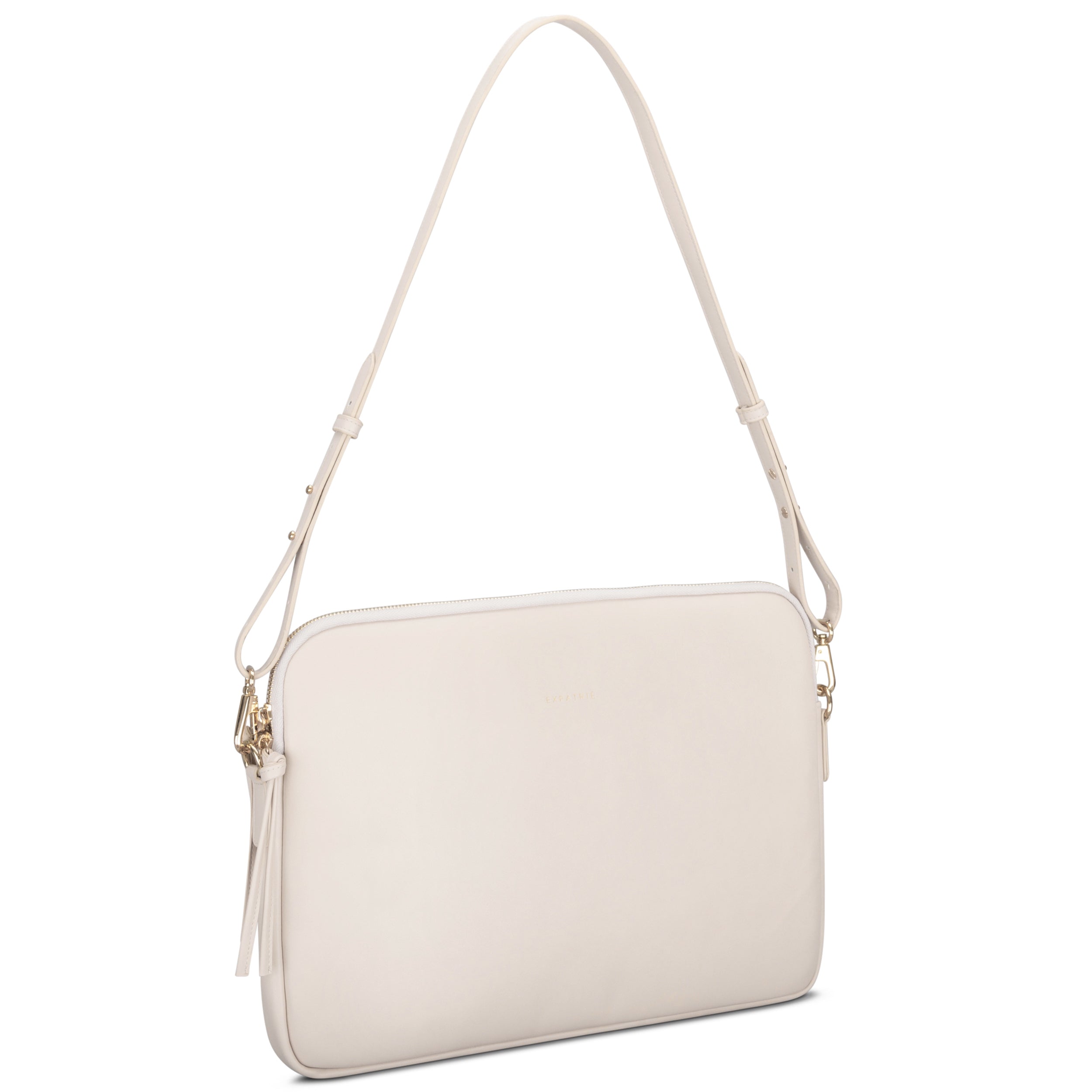 Beige Laptop Tasche Marlene für Damen mit verstellbarem Schulterriemen und dekorativem Quastenanhänger