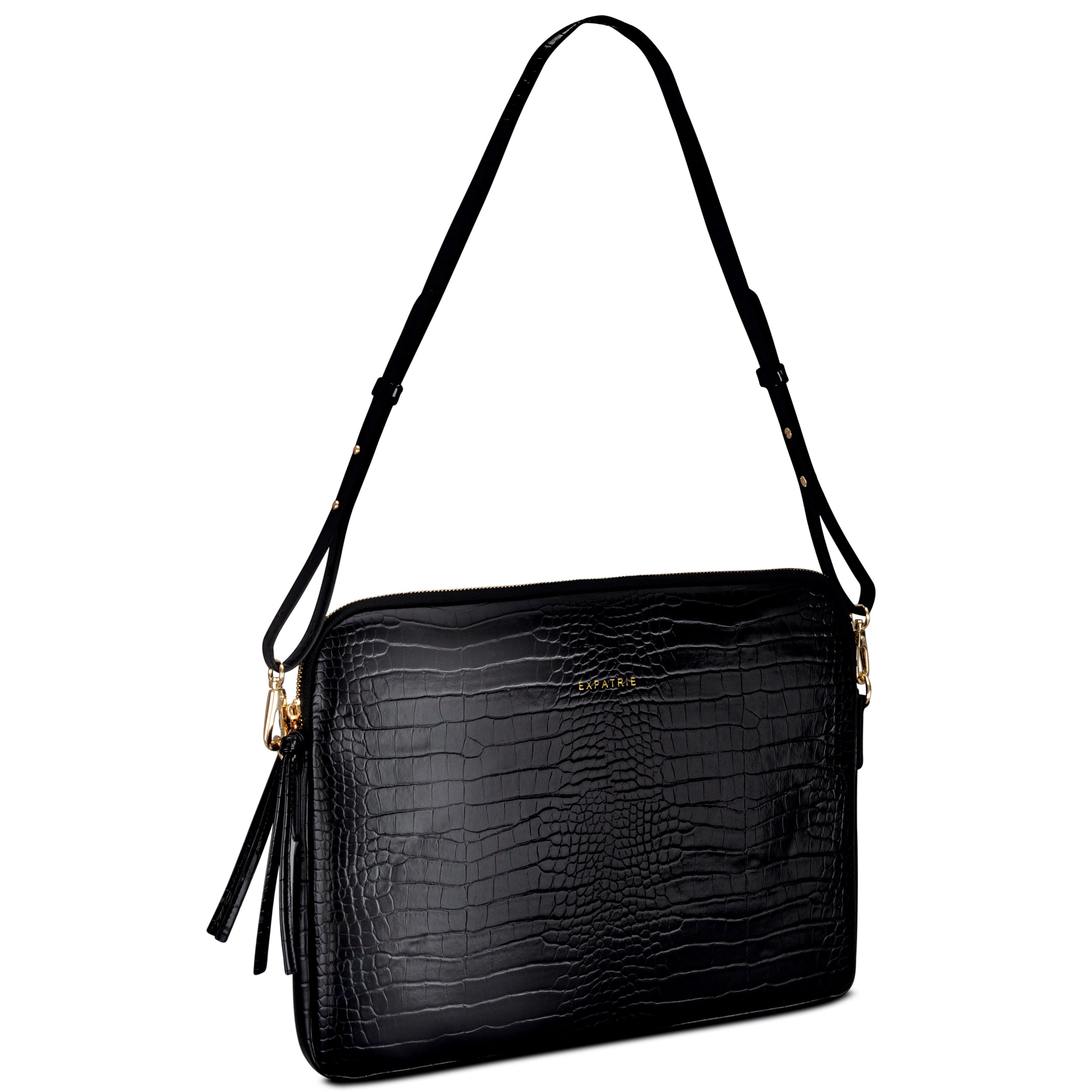 Laptop-Tasche Marlene aus schwarzem Leder mit Krokoprägung und verstellbarem Schulterriemen