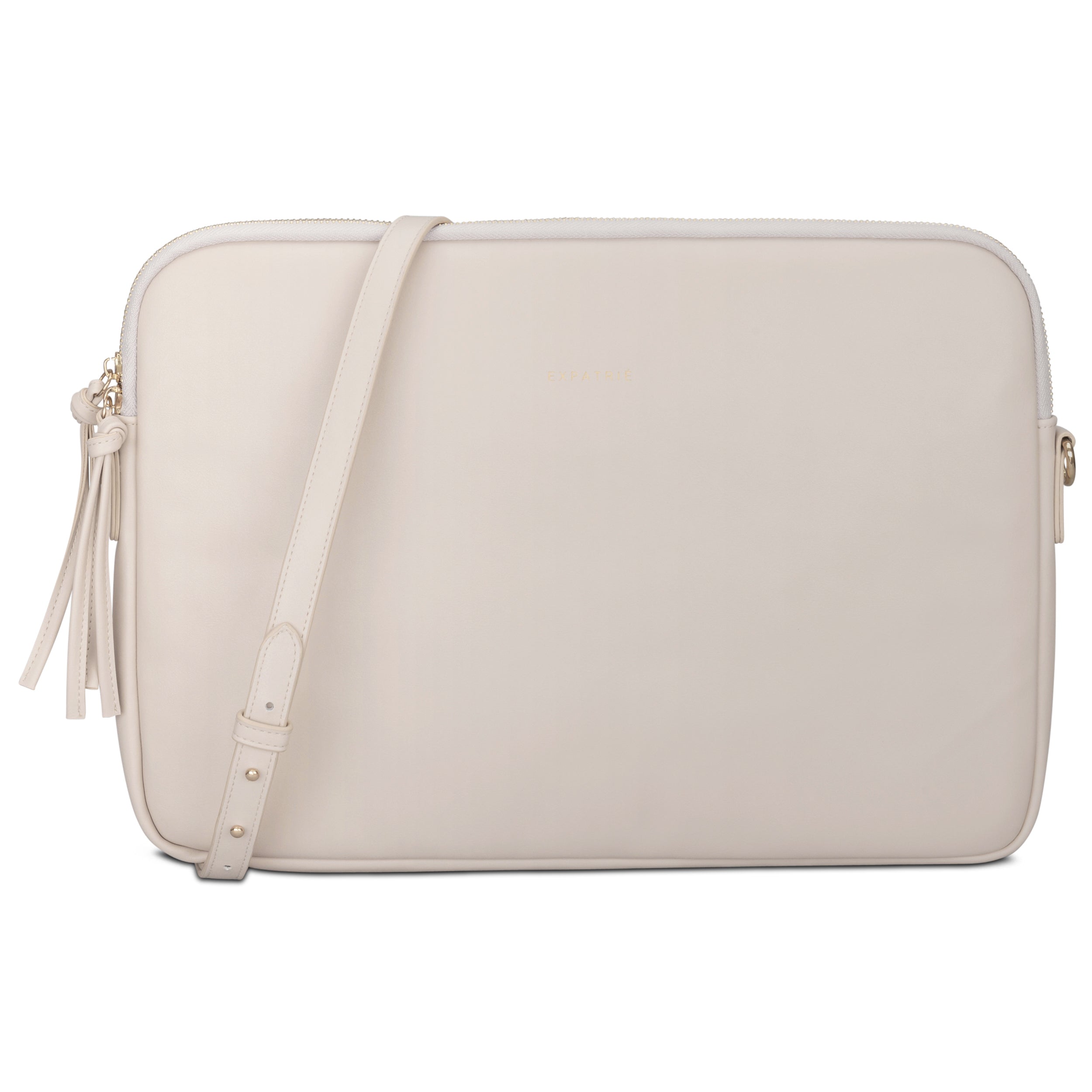 Beige Laptop Tasche Marlene für Damen mit verstellbarem Schulterriemen und Quasten