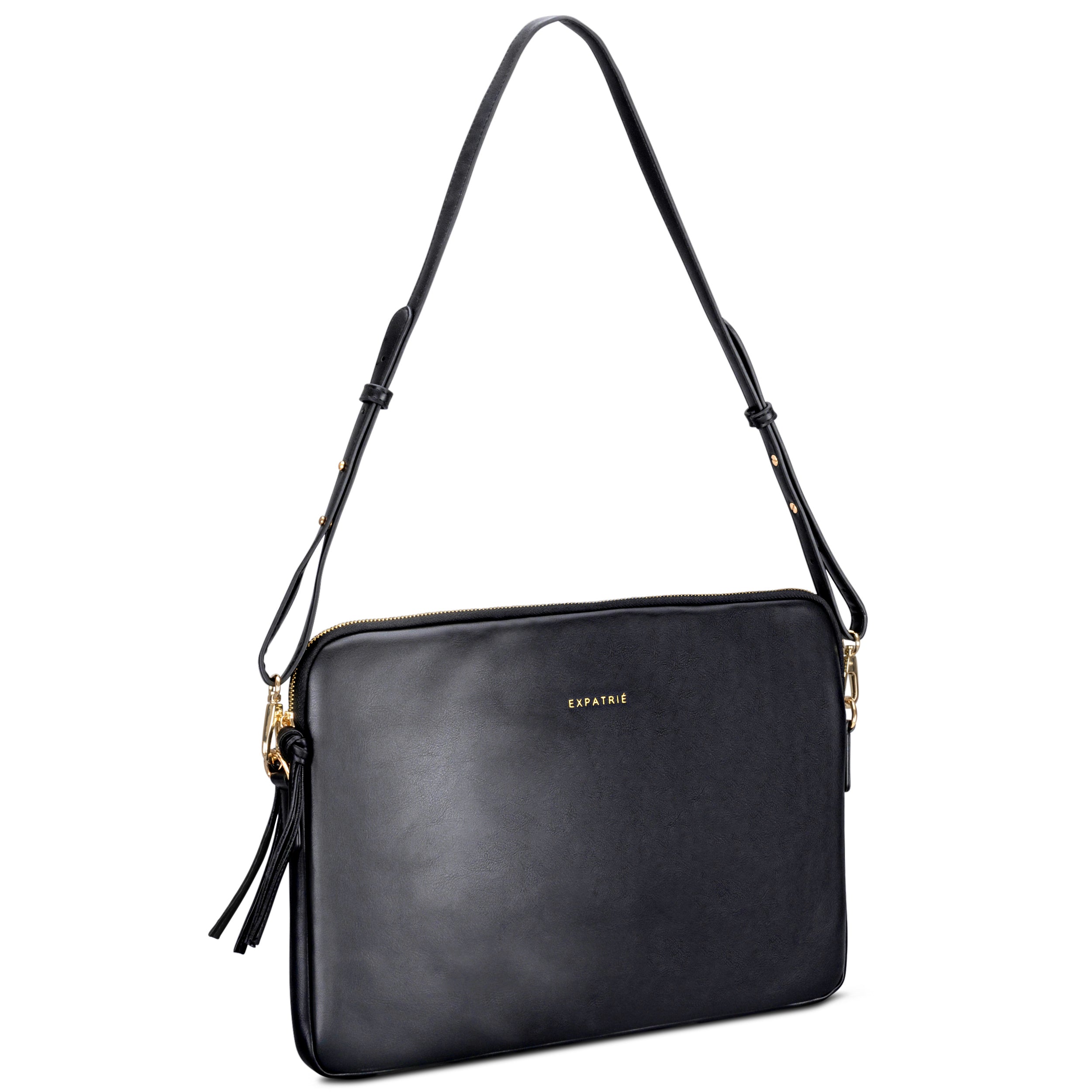 Schwarze Laptop-Tasche Marlene aus Leder für Damen mit verstellbarem Schulterriemen und goldfarbenem 'Expatrié'-Logo
