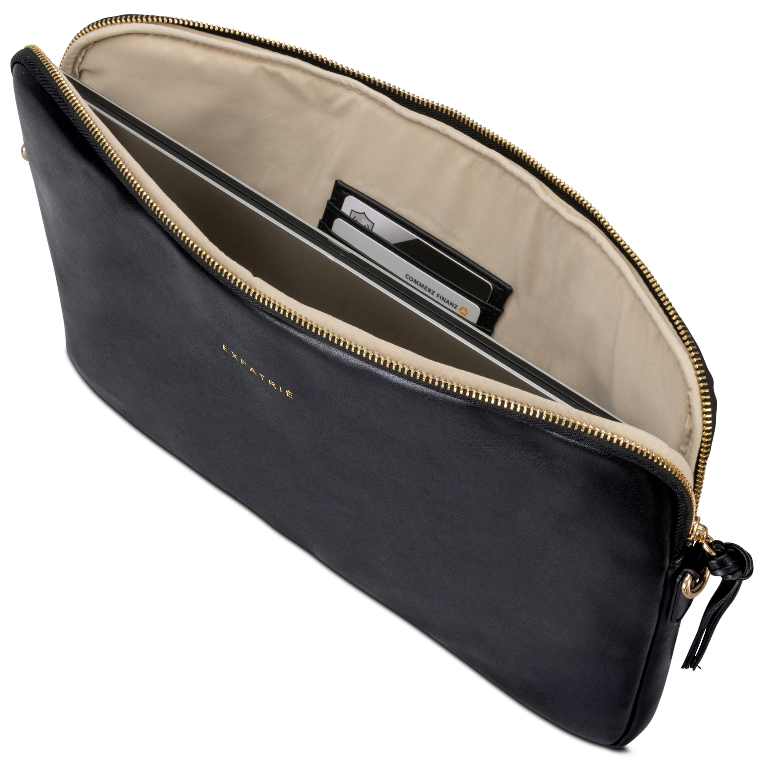 Schwarze Laptop Tasche Marlene für Damen mit goldfarbenem Reißverschluss und beige Innenfutter, passend für 13-15 Zoll Laptops