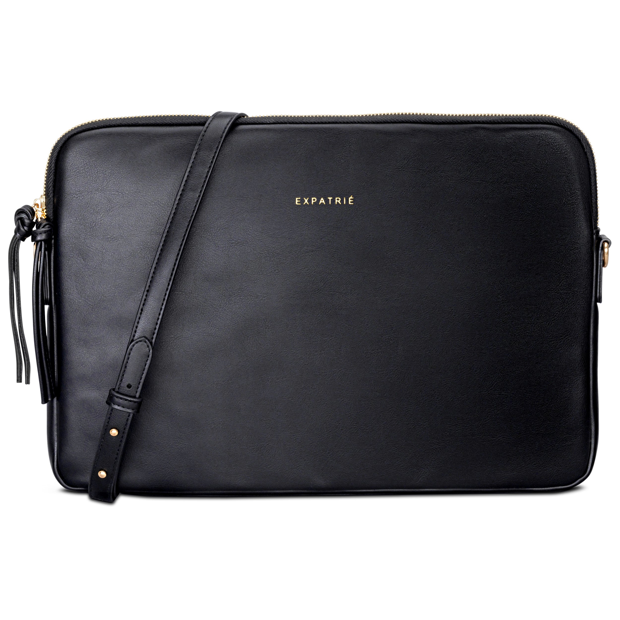 Schwarze Laptop Tasche Marlene von Expatrié mit verstellbarem Schulterriemen und goldfarbenem Logo