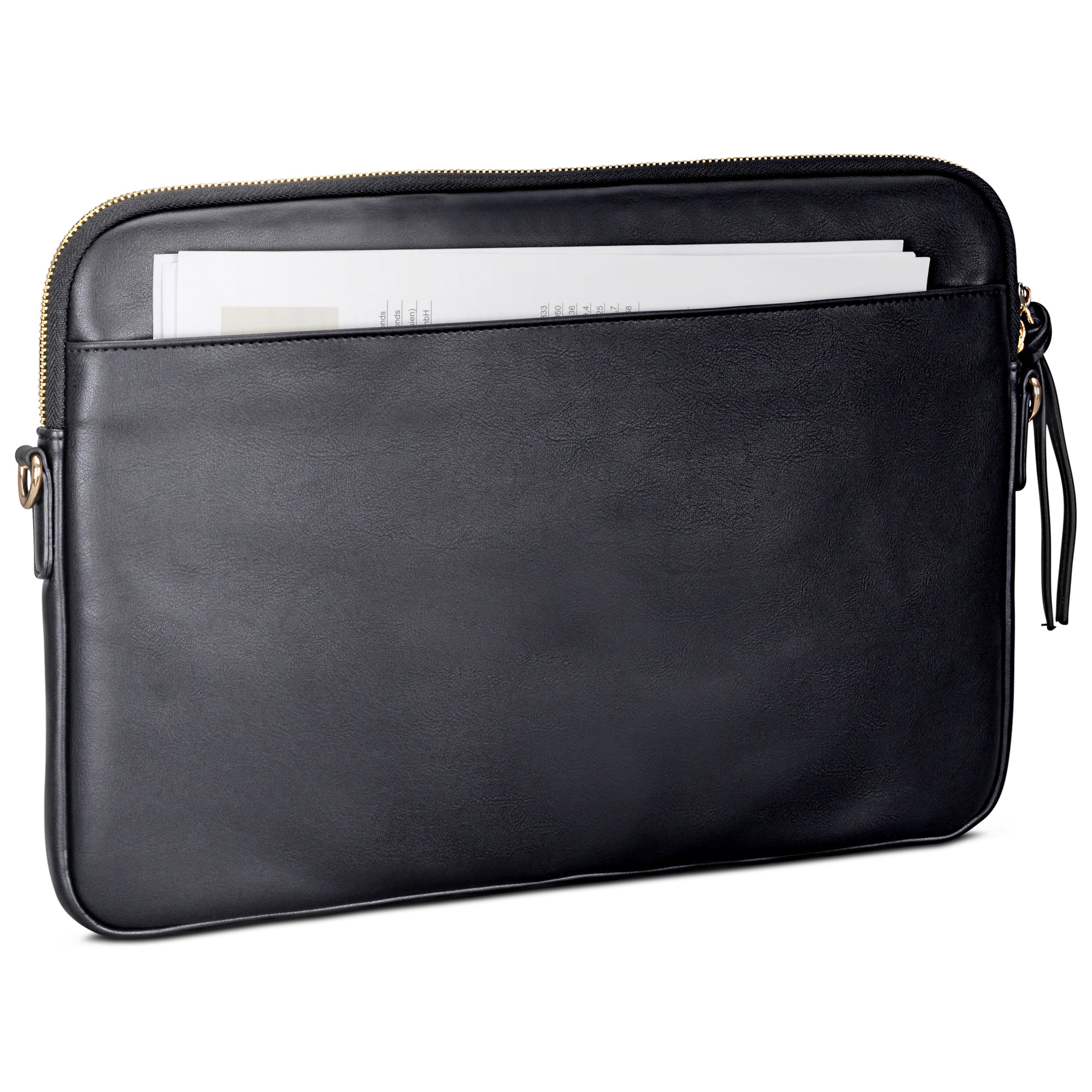 Schwarze Laptop Tasche Marlene aus Leder mit goldfarbenem Reißverschluss und aufgesetzter Außentasche mit Dokumenten