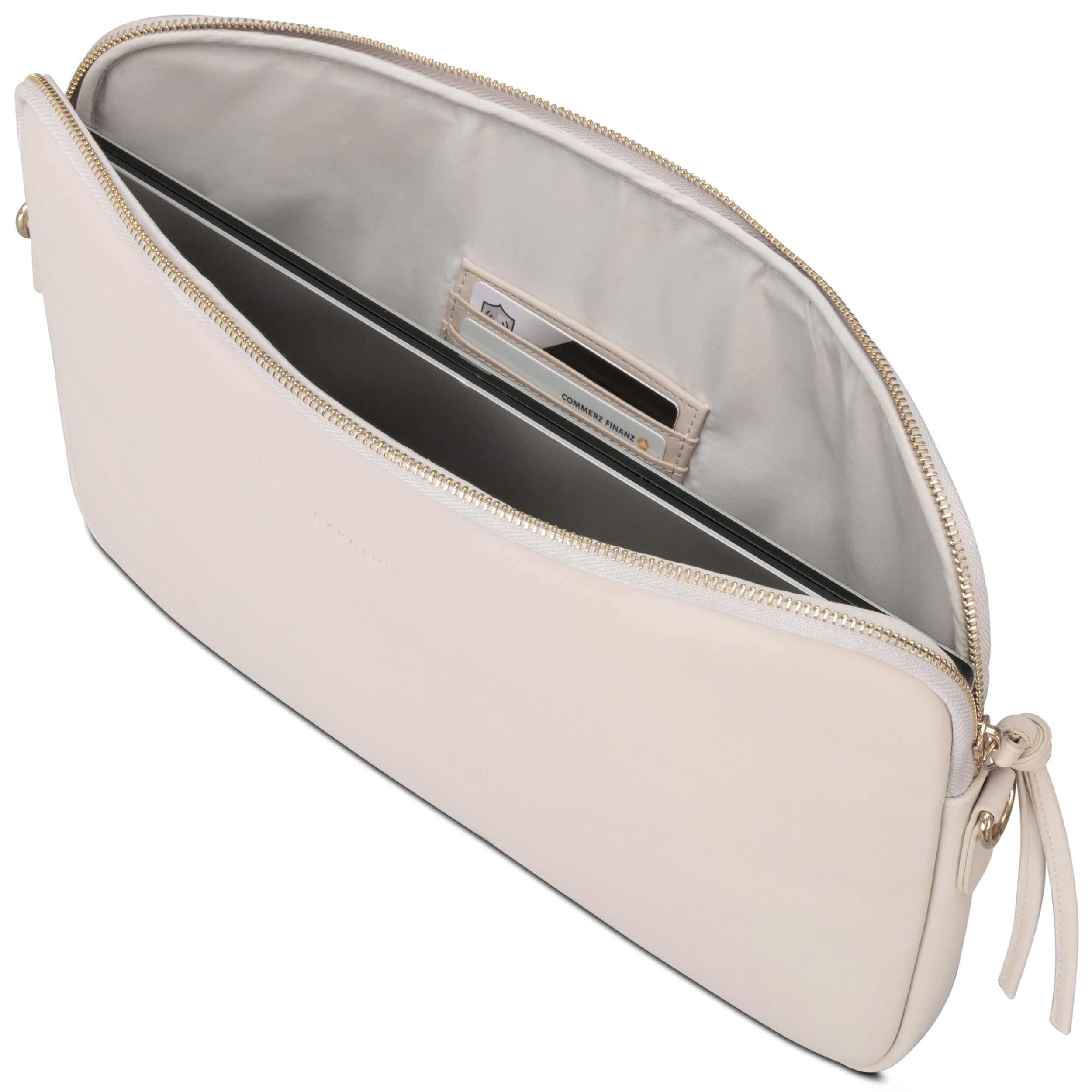 Beige Laptop Tasche Marlene offen mit Laptop und Kartenfach innen