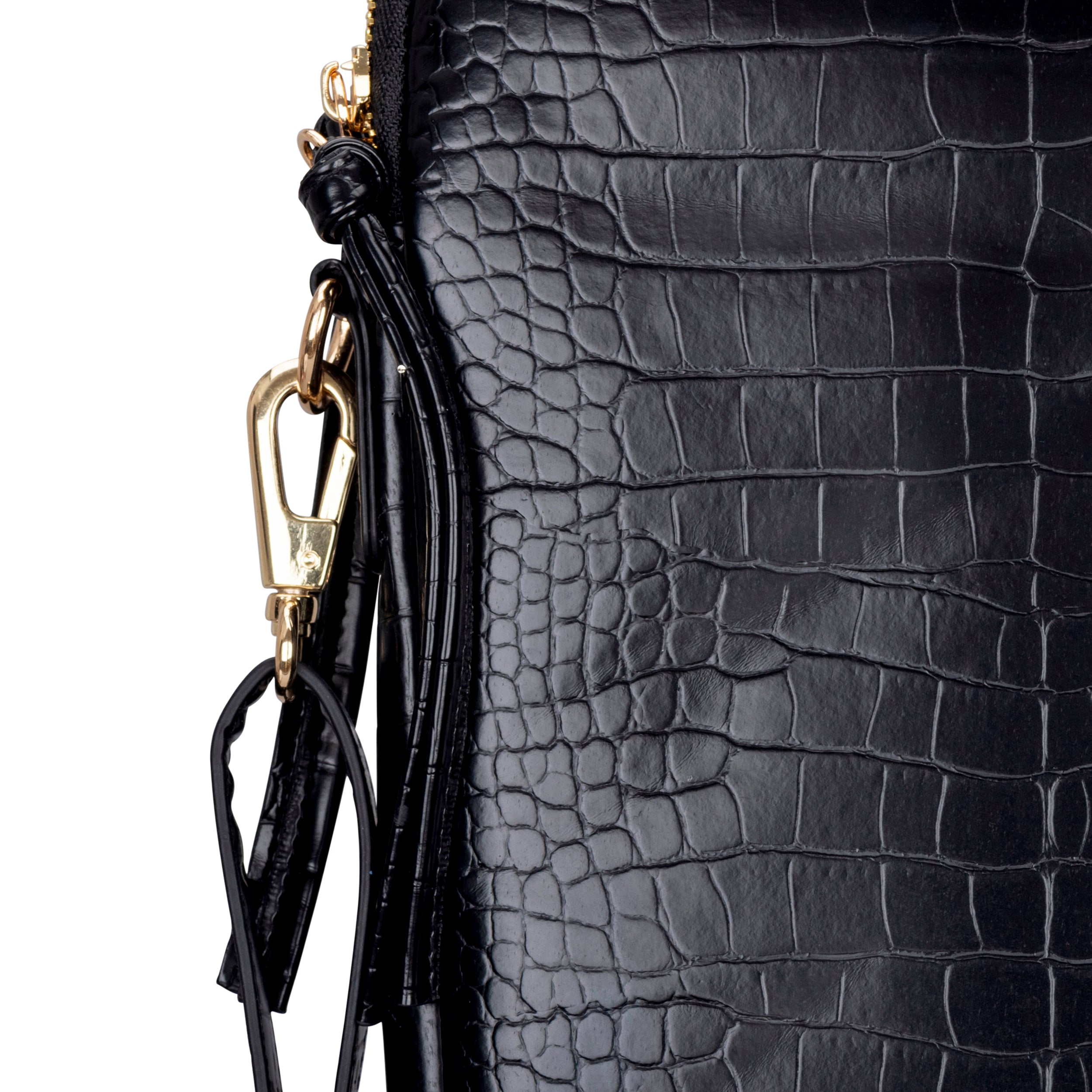 Schwarze Laptop-Tasche Marlene aus Kunstleder mit Krokodilprägung und goldfarbenem Karabiner