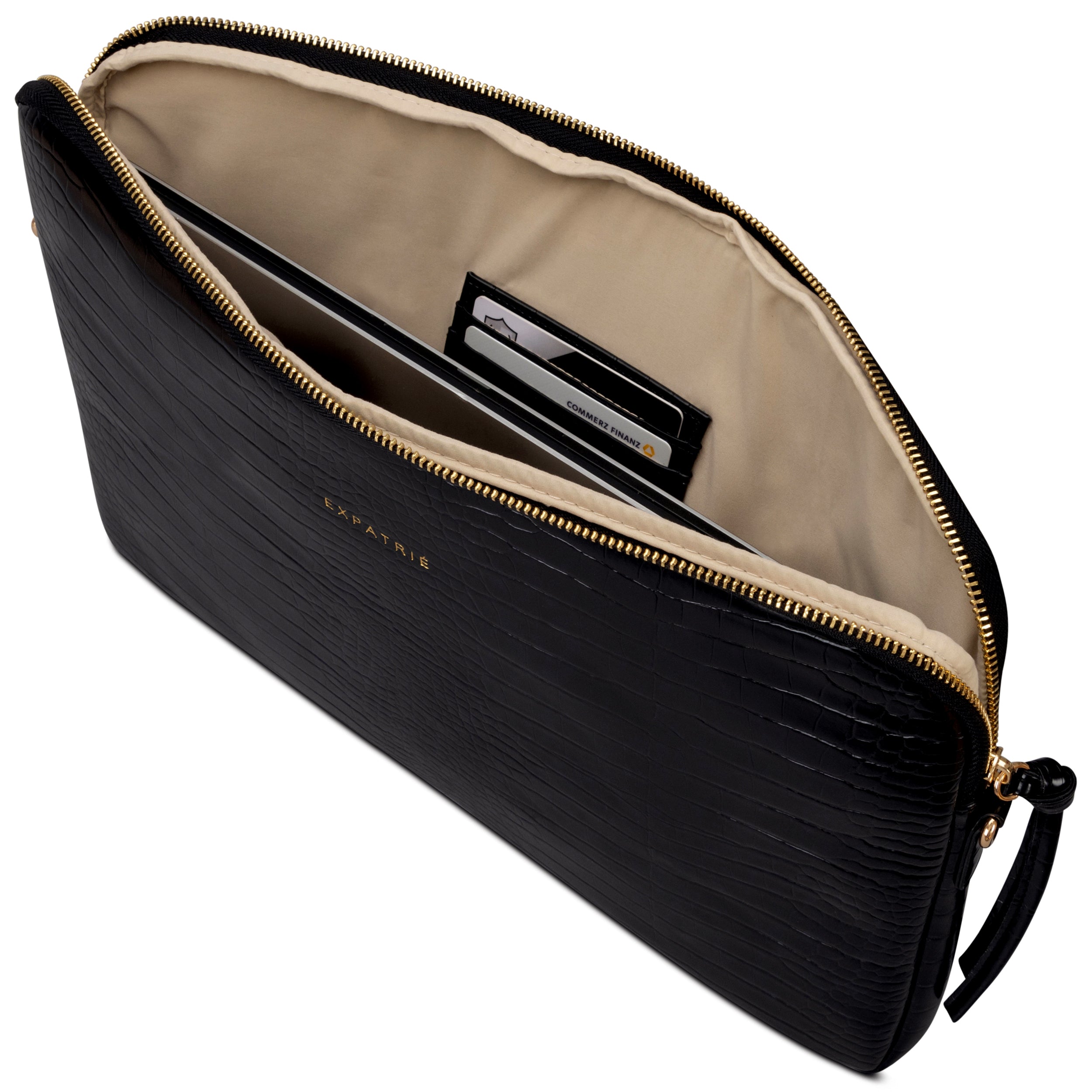 Schwarze Laptop Tasche Marlene aus Leder mit Krokoprägung, Innenfach mit Kartenetui und beigem Innenfutter