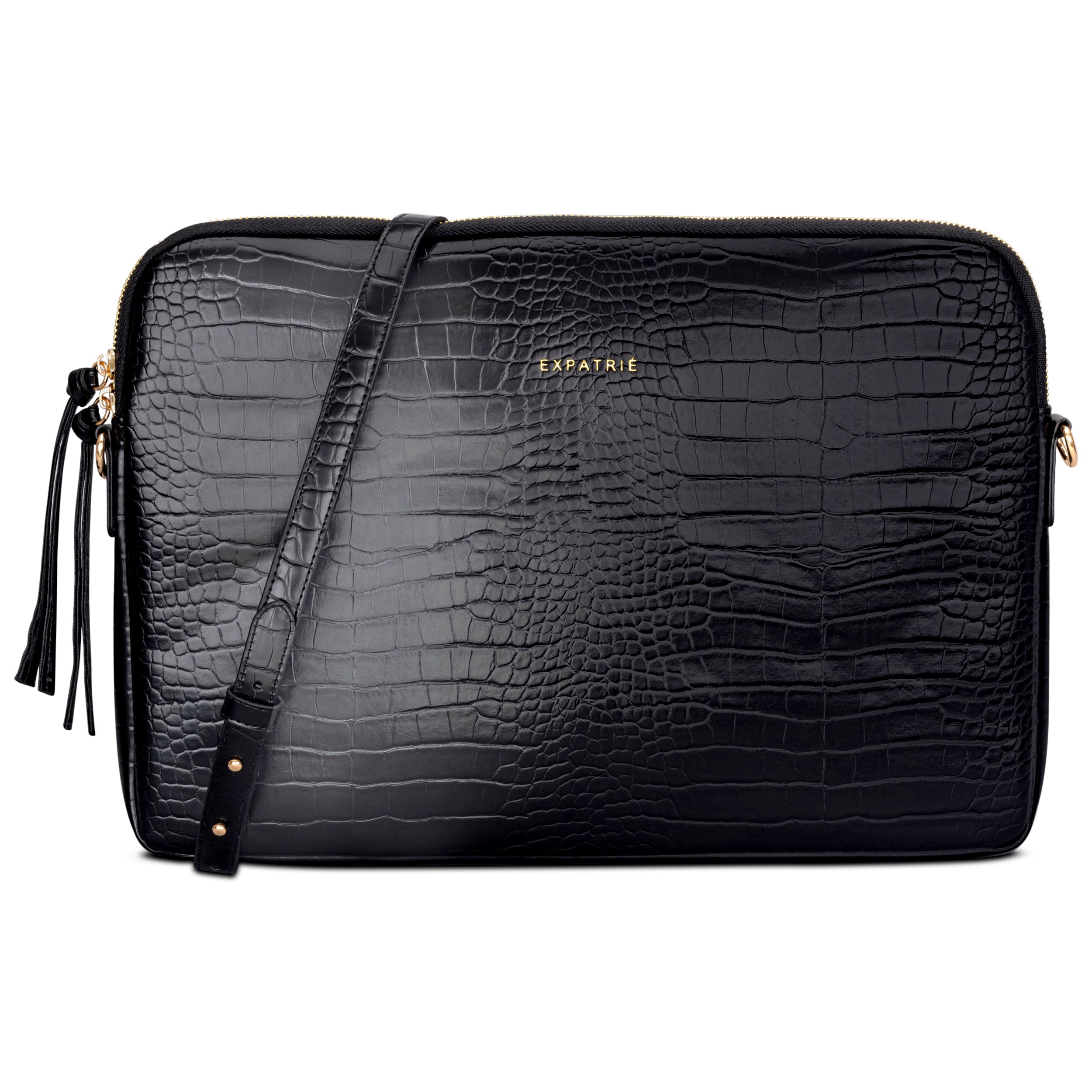 Schwarze Laptoptasche Marlene aus Leder mit Krokodilprägung und verstellbarem Schultergurt