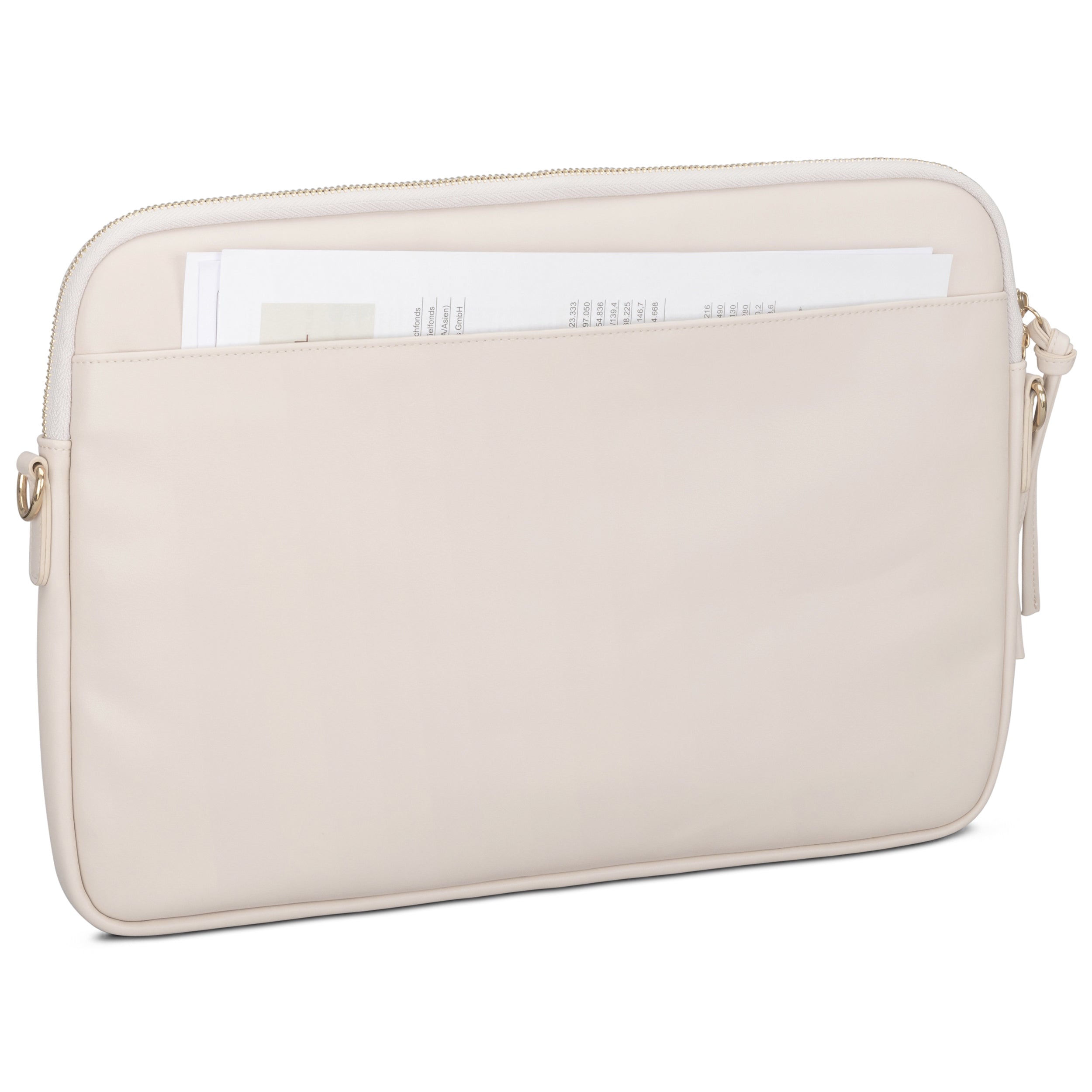 Beige Laptop Tasche Marlene aus Leder mit Dokumenten in der Vorderfachtasche