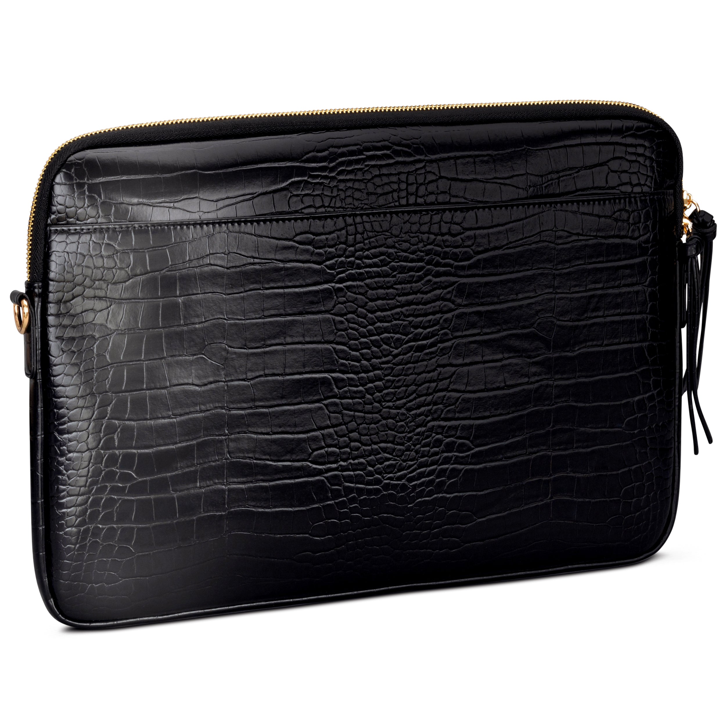 Schwarze Laptop Tasche Marlene mit Krokodilprägung und goldfarbenem Reißverschluss