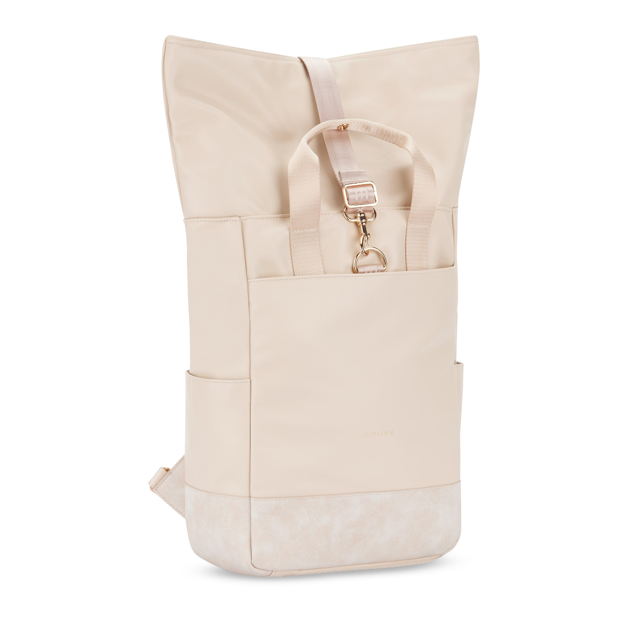 Beiger Leder-Rolltop Rucksack Adele mit kurzem Griff und goldfarbenen Verschlüssen