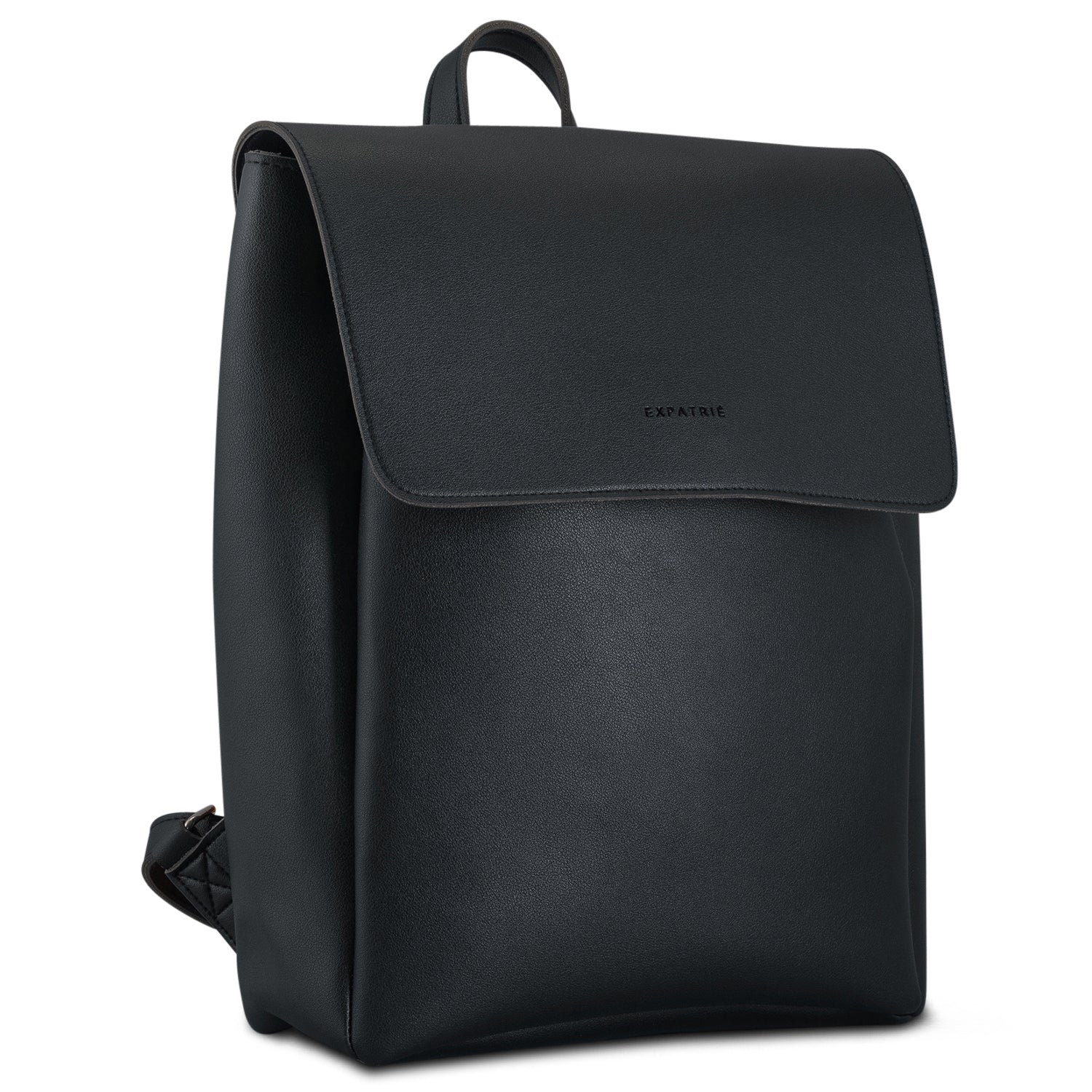 Schwarzer Kunstleder Rucksack Noelle mit Klappverschluss und Expatrié-Logo