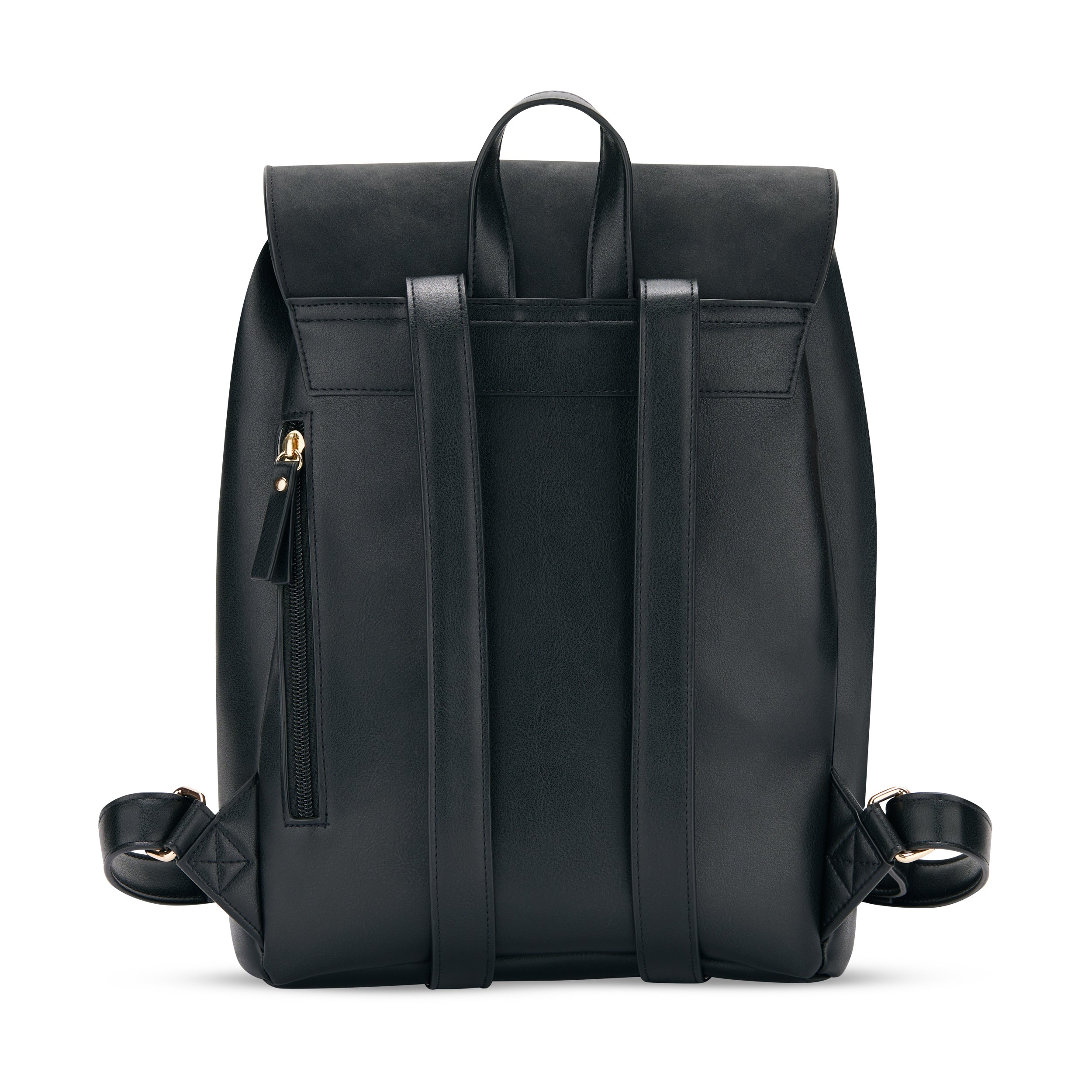 Schwarzer Kunstleder Rucksack Estelle für Damen, Rückansicht mit verstellbaren Schultergurten und Reißverschlusstasche