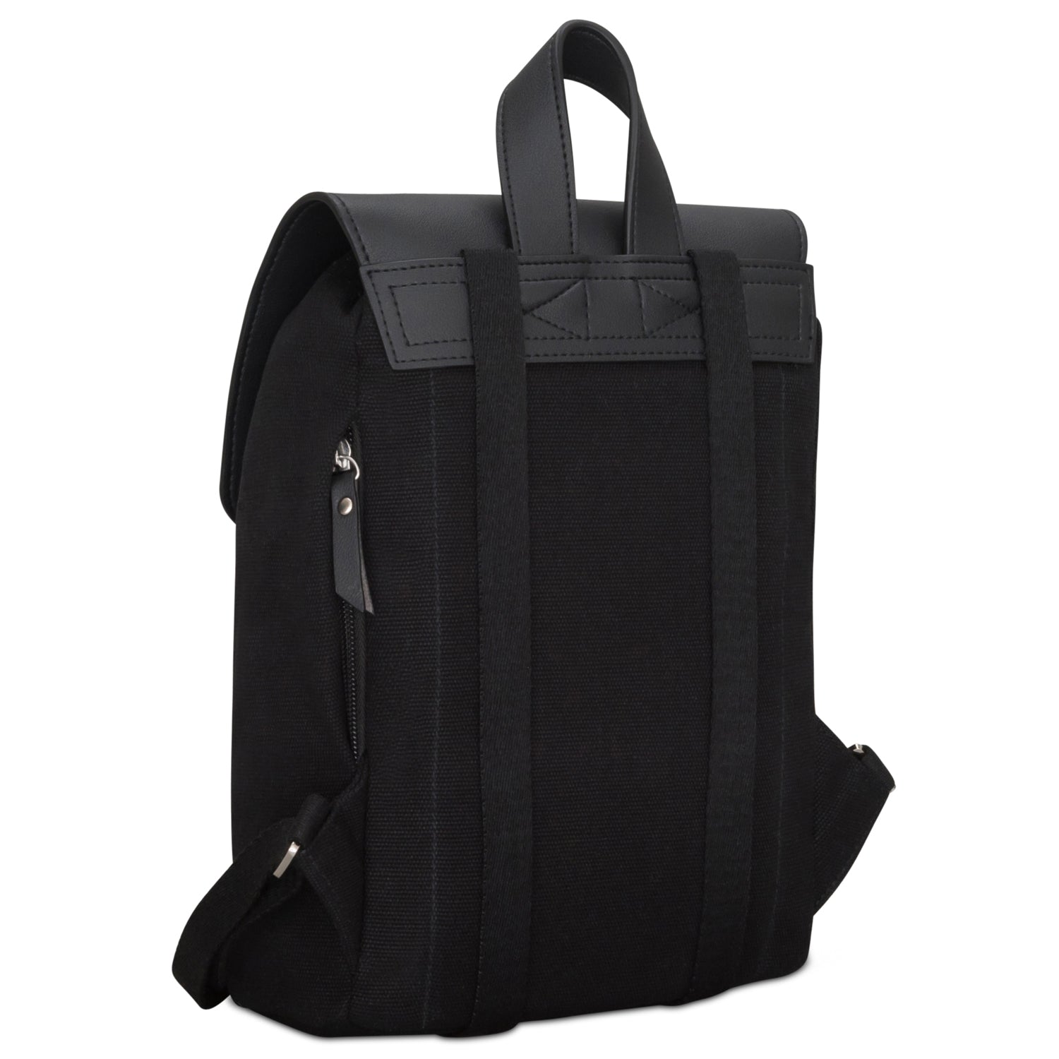 Mini Rucksack Anna aus schwarzem Canvas mit Lederklappe und verstellbaren Schulterriemen