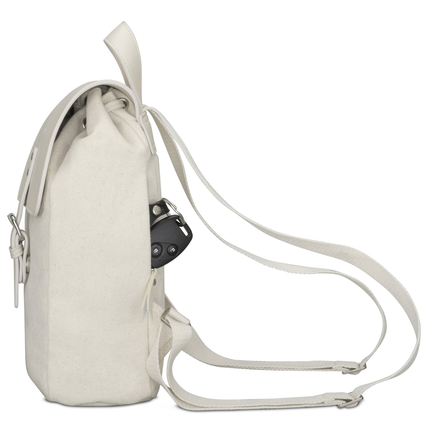 Mini Rucksack Anna aus offwhite Canvas mit verstellbaren Schulterriemen und seitlicher Schlüsselhalterung