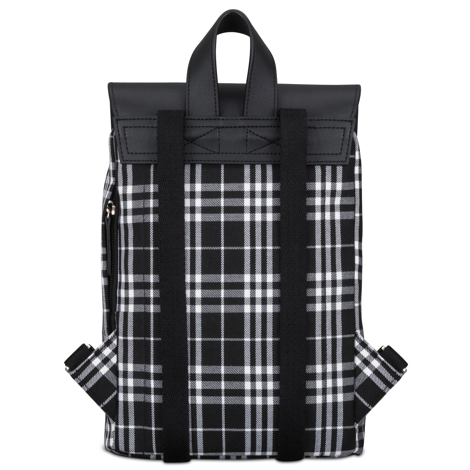 Mini Rucksack Anna für Damen, schwarz-weiß kariert mit schwarzem Kunstleder obere Klappe und Träger