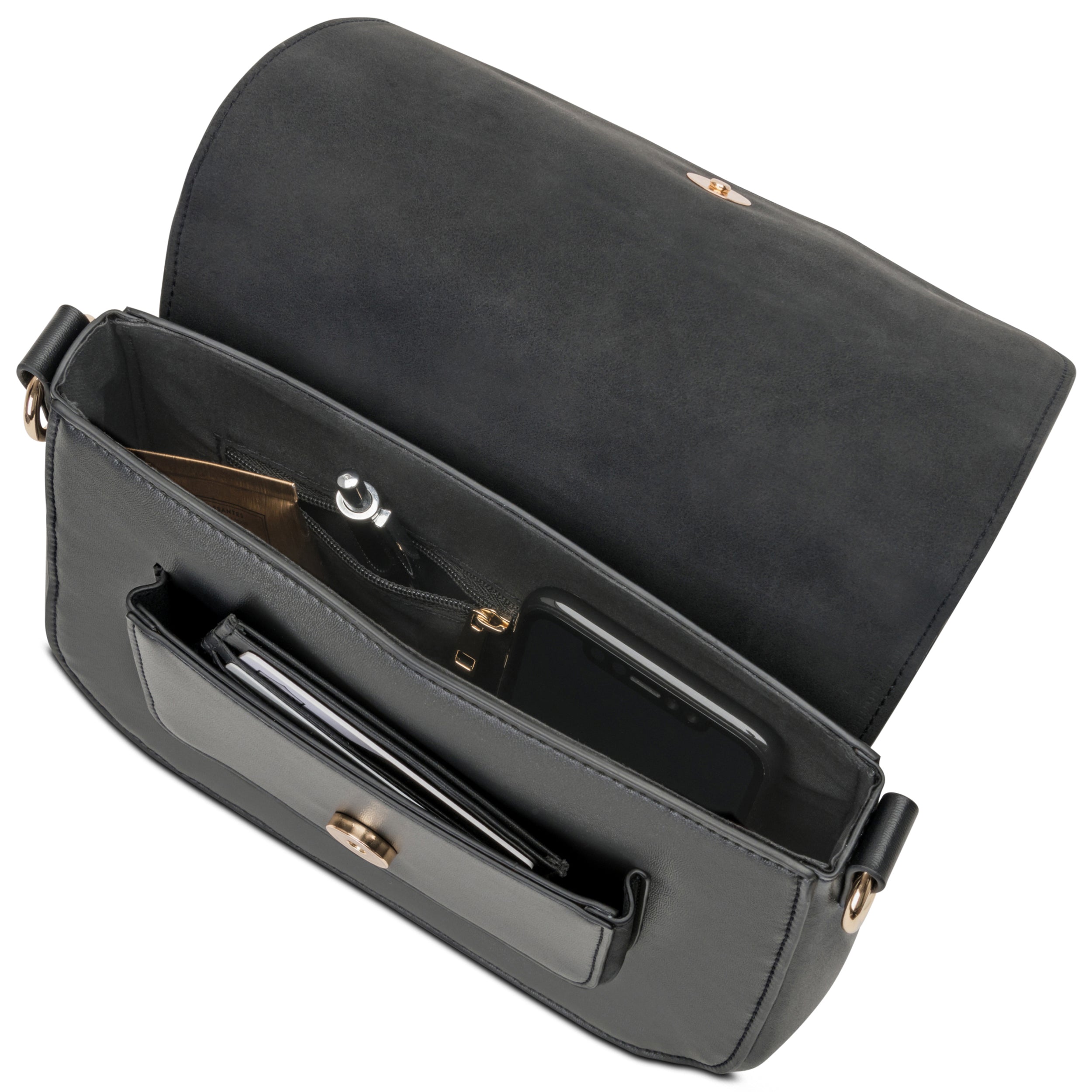 Schwarze Saddle Bag Louise Medium mit Innentaschen, gefüllt mit Karten, Stift und Smartphone