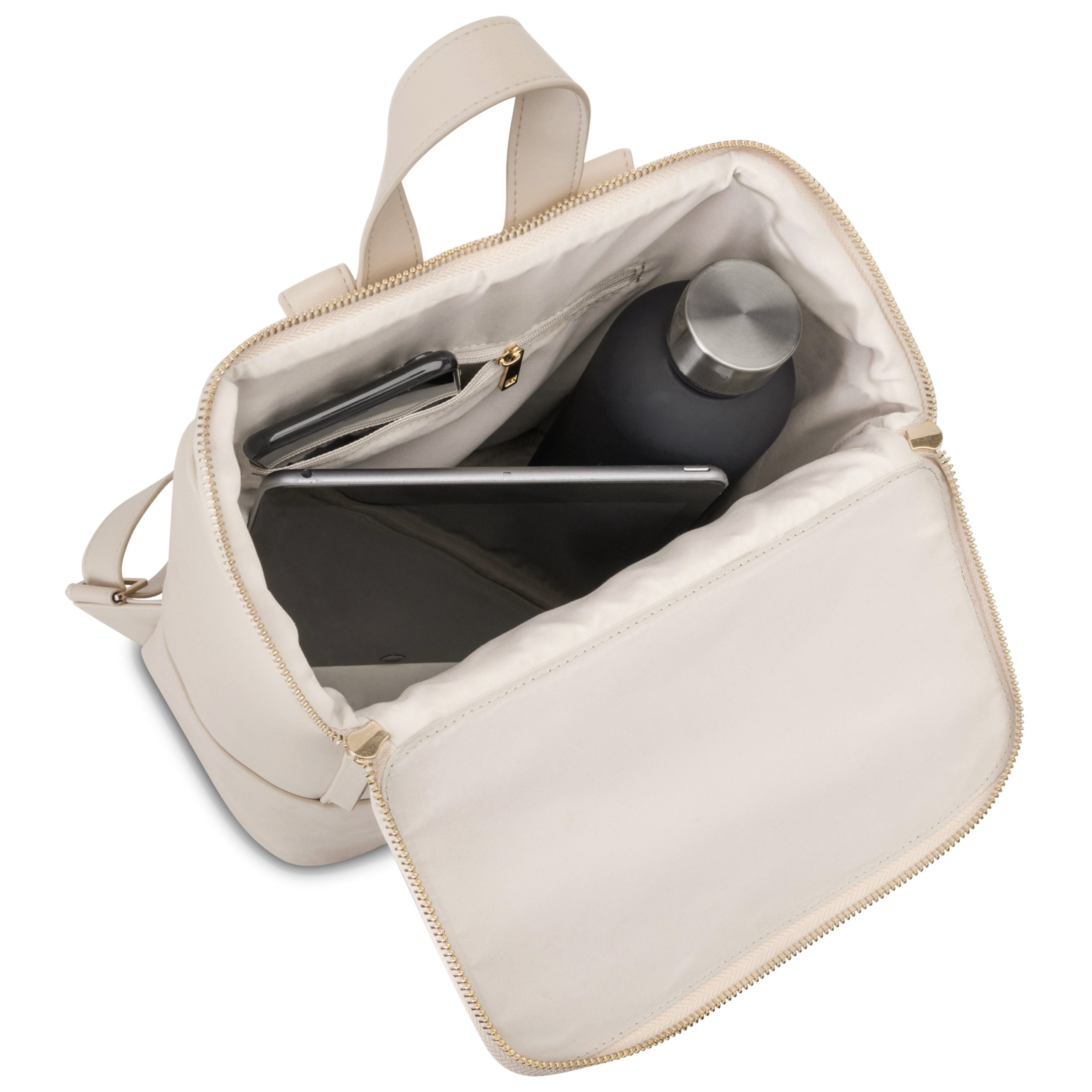 Beiger Rucksack Malou für Damen geöffnet mit Tablet, Smartphone und Trinkflasche innen