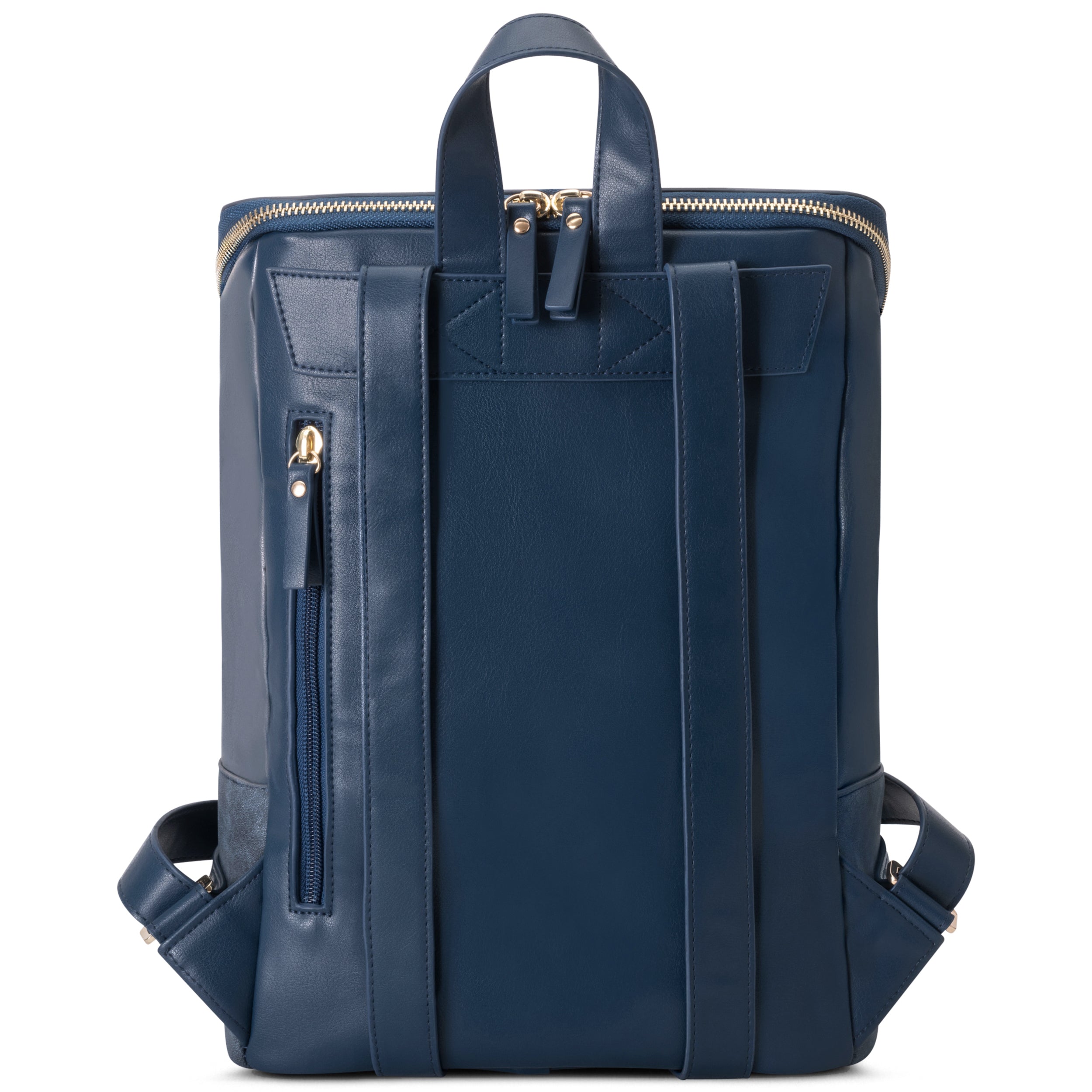 Rucksack Malou aus blauem Leder mit zwei Schultergurten und seitlichem Reißverschlussfach