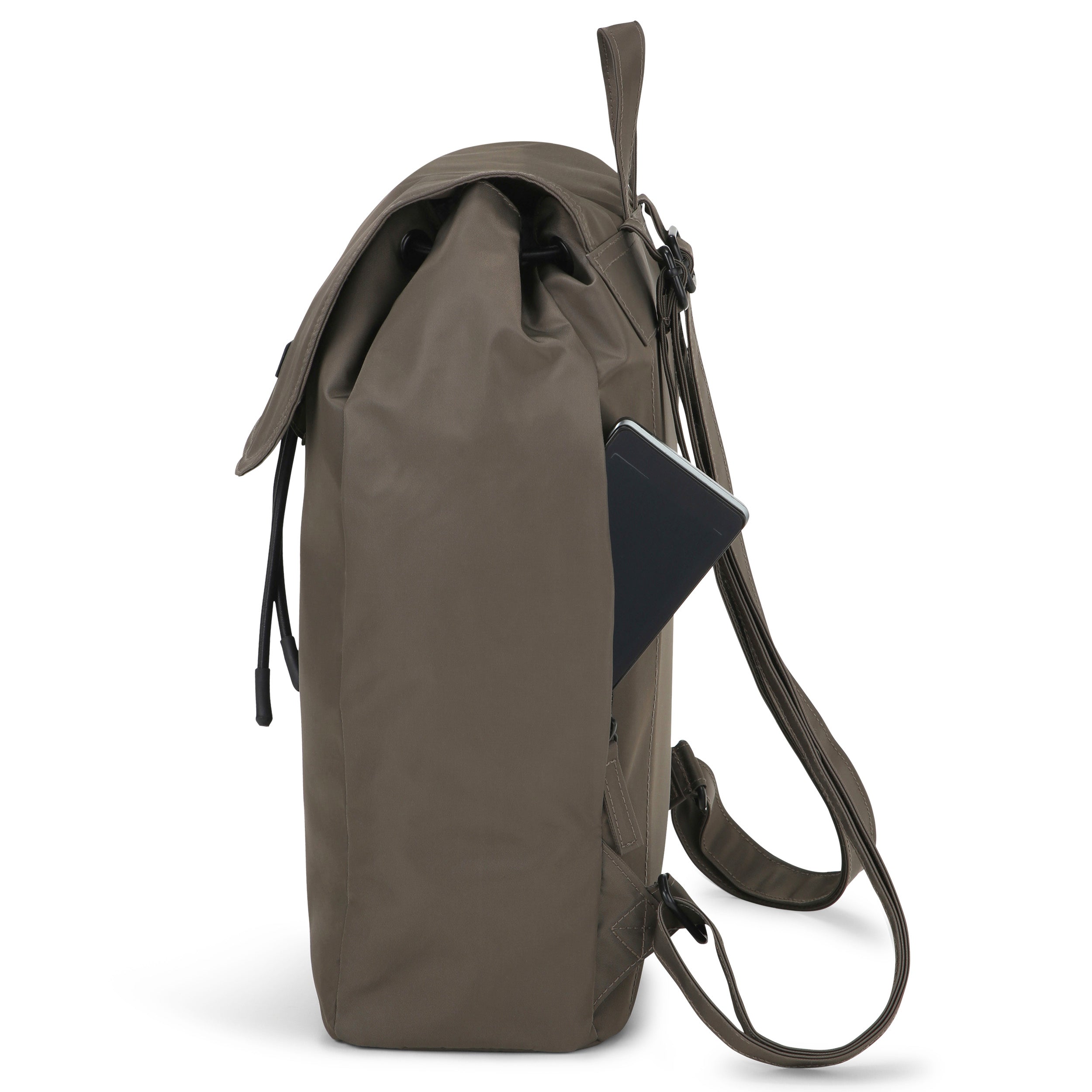 Brauner Nylon-Rucksack Clara mit seitlicher Außentasche, Smartphone darin steckend