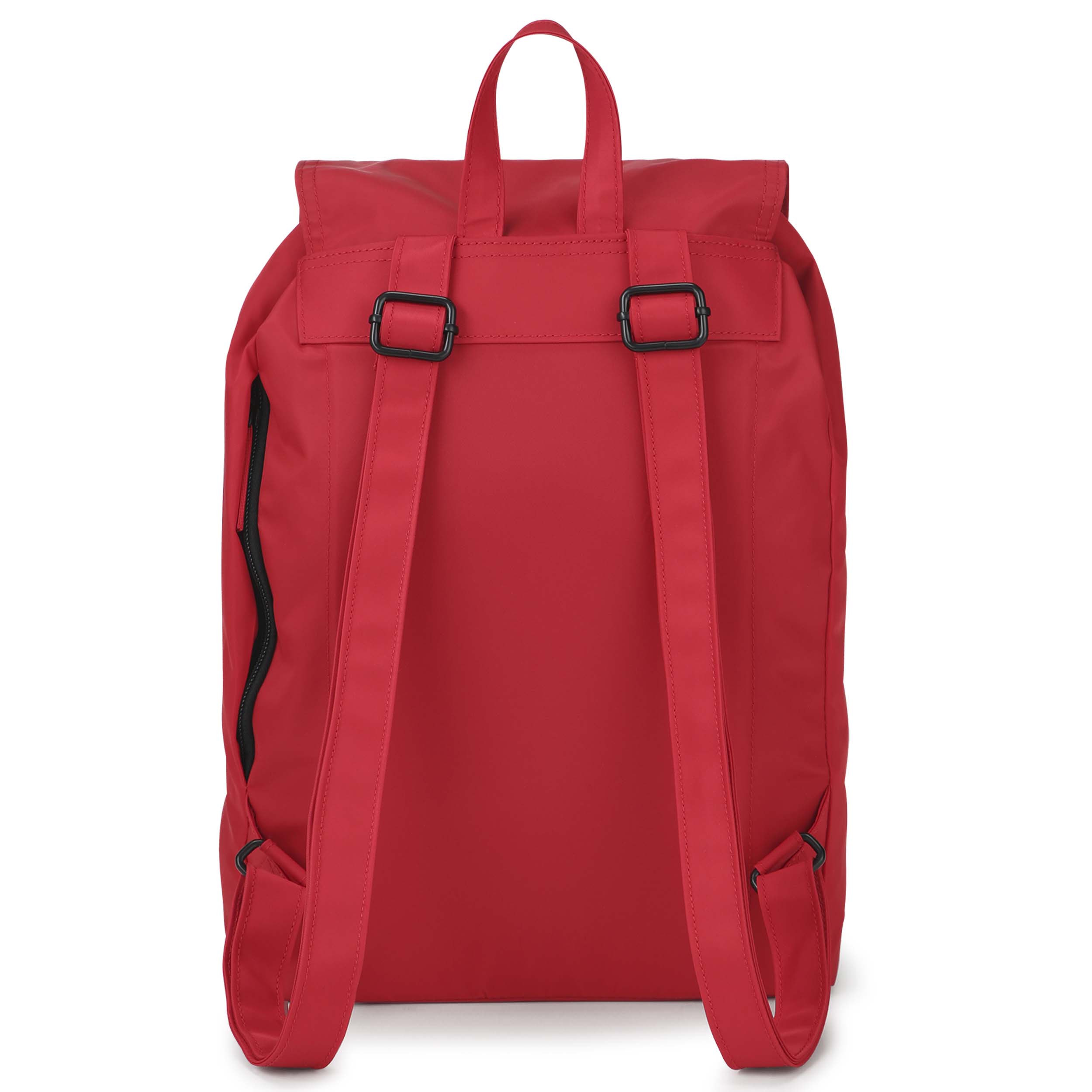 Rückseite des roten Nylon Rucksacks Clara mit verstellbaren Schulterriemen und Griffschlaufe