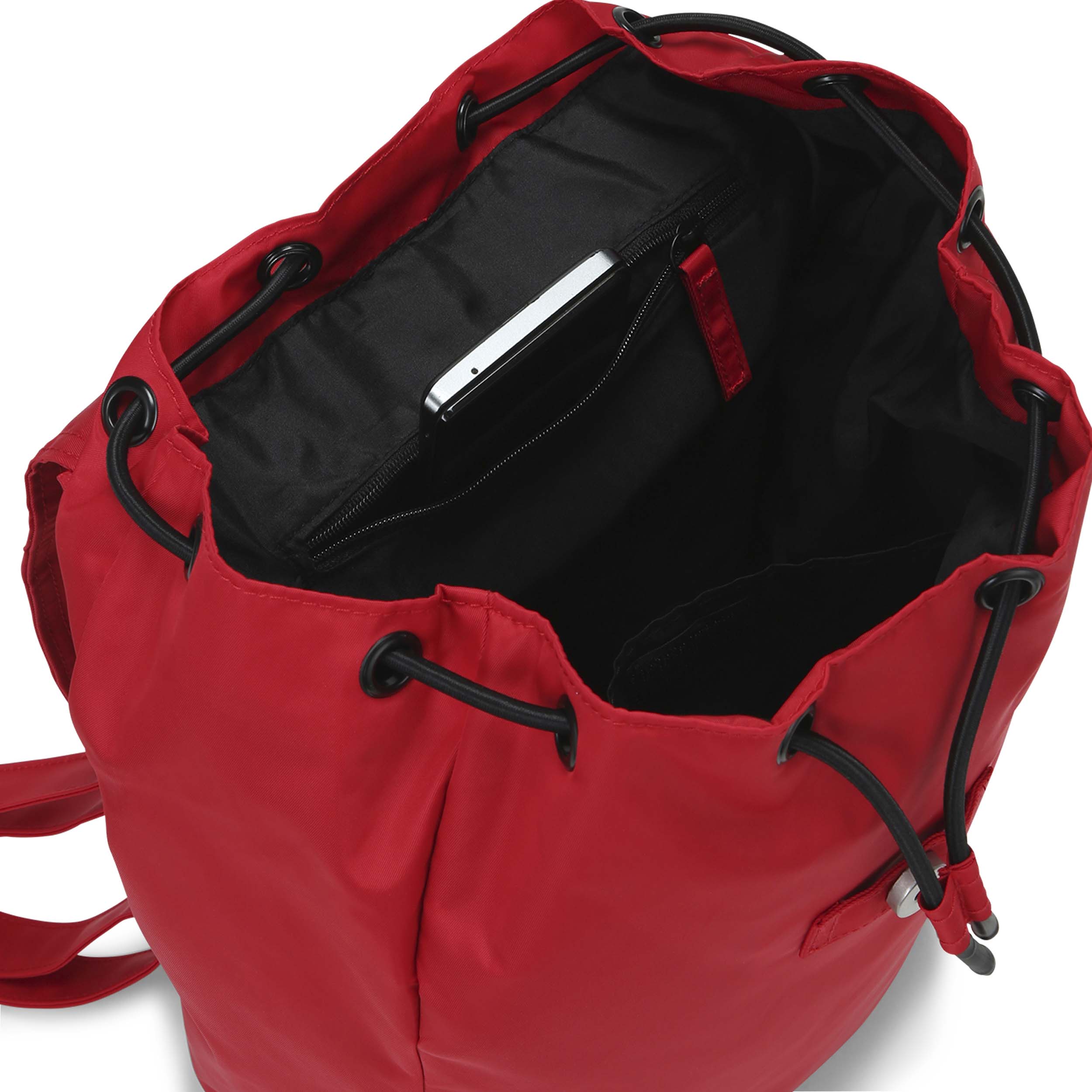 Roter Nylon Rucksack Clara für Damen mit schwarzem Innenfutter und Reißverschlusstasche