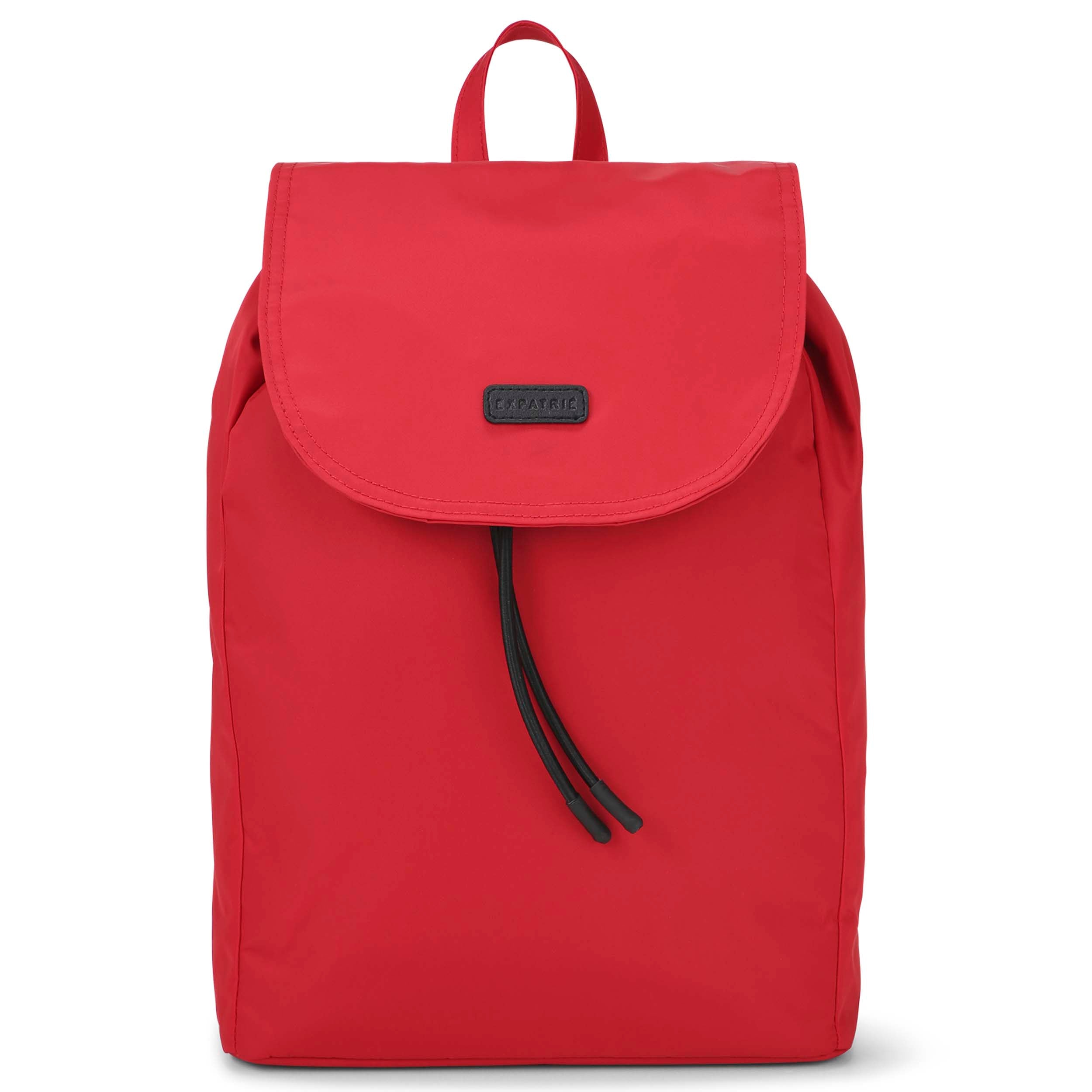 Roter Nylon Rucksack Clara für Damen mit Zugbandverschluss und kleiner schwarzer Marke vorne