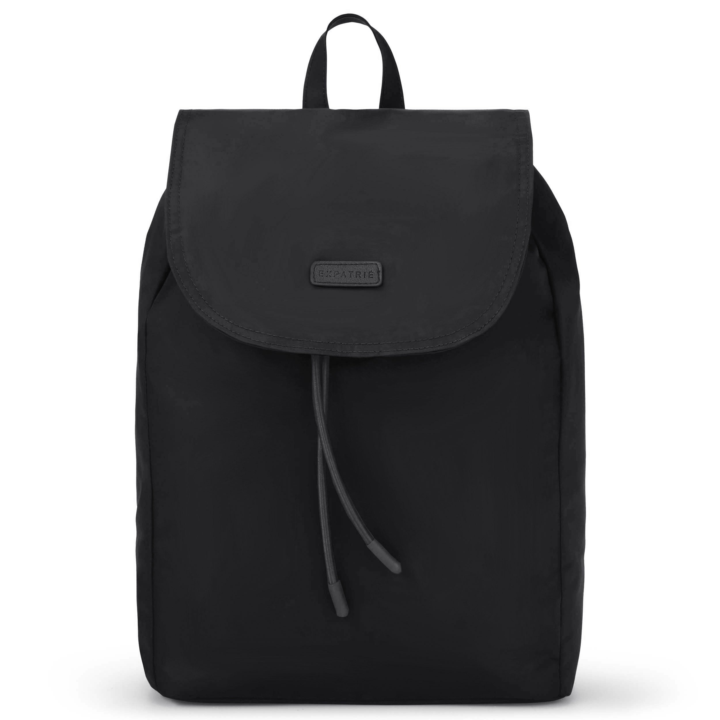 Schwarzer Nylon-Rucksack Clara für Damen mit Klappe, Kordelzug und Expatrié-Logo