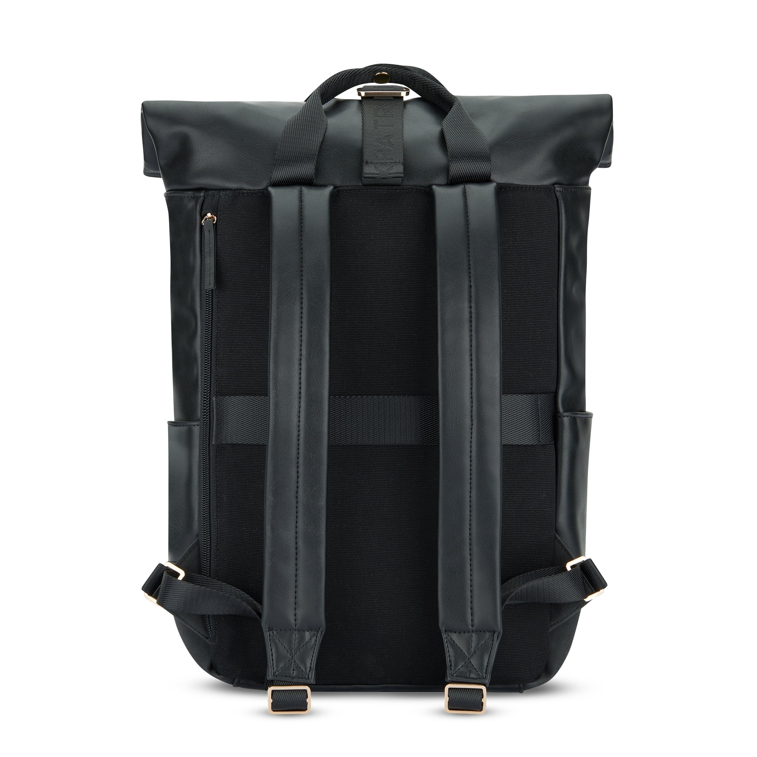 Rolltop Rucksack Adele für Damen aus schwarzem Leder, Rückansicht mit gepolsterten Schulterriemen