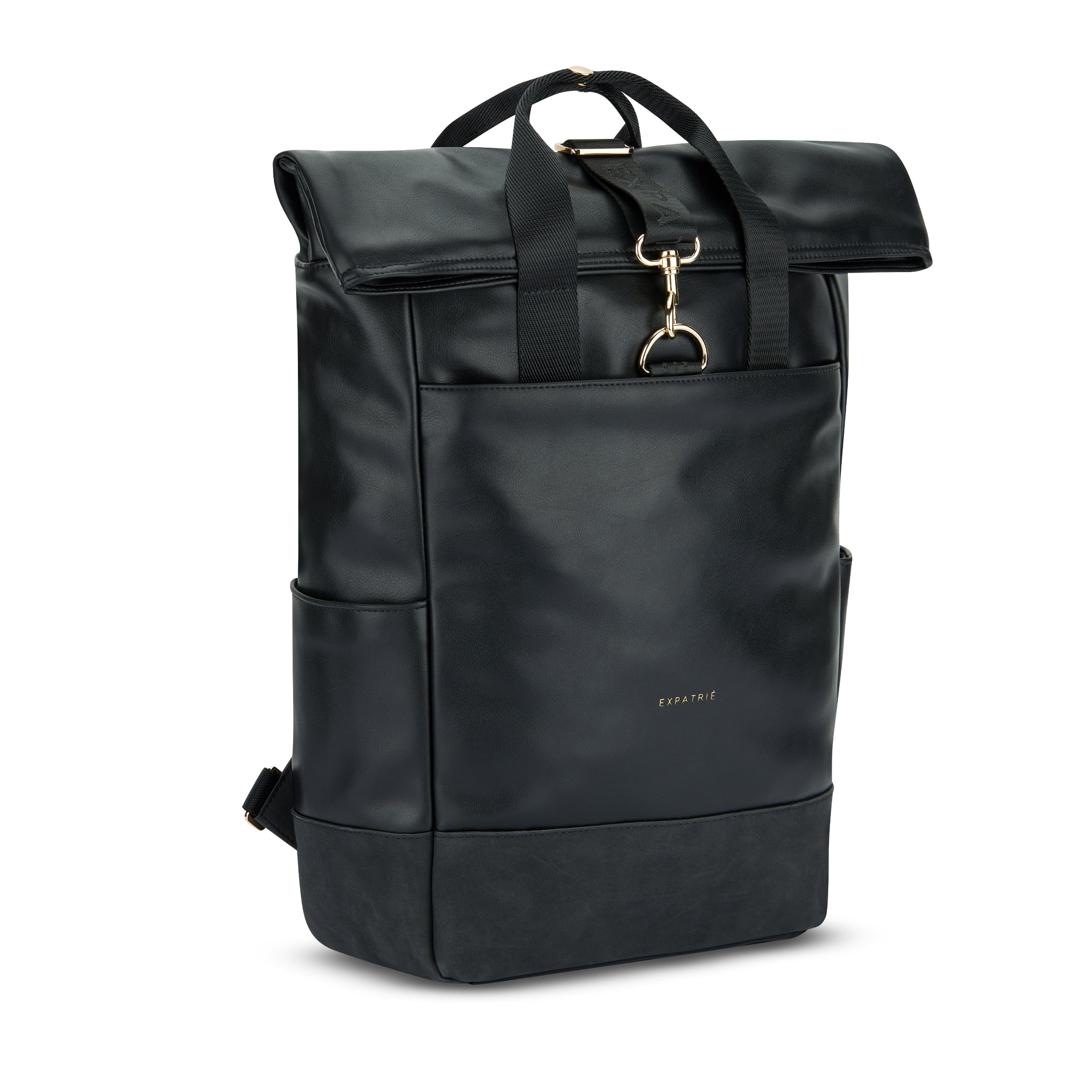 Schwarzer Rolltop Rucksack Adele aus Leder mit goldener Metallfarbe und vorderer Tasche
