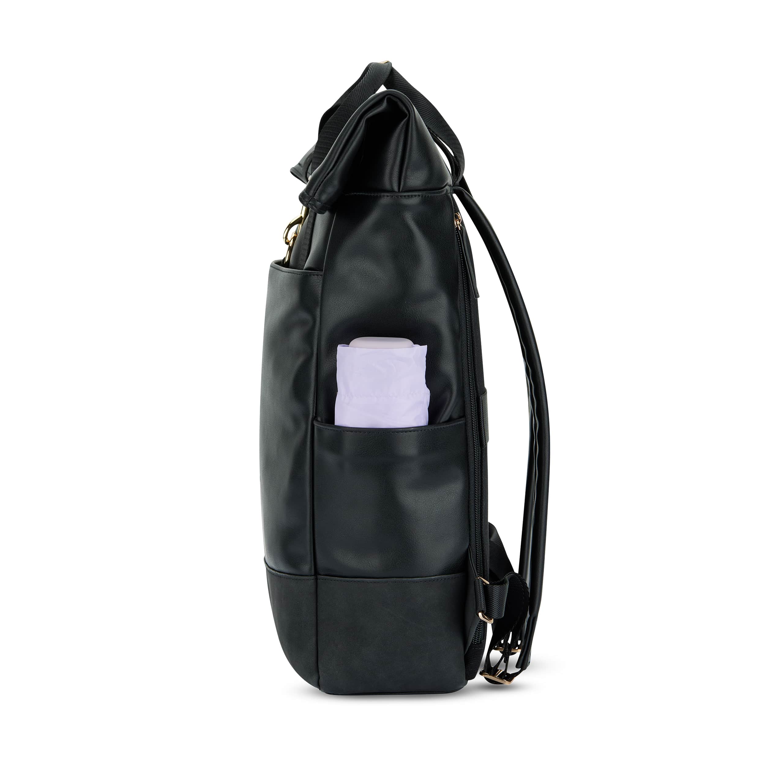 Rolltop Rucksack Adele aus schwarzem Leder mit Seitentasche und weißem Stoff darin