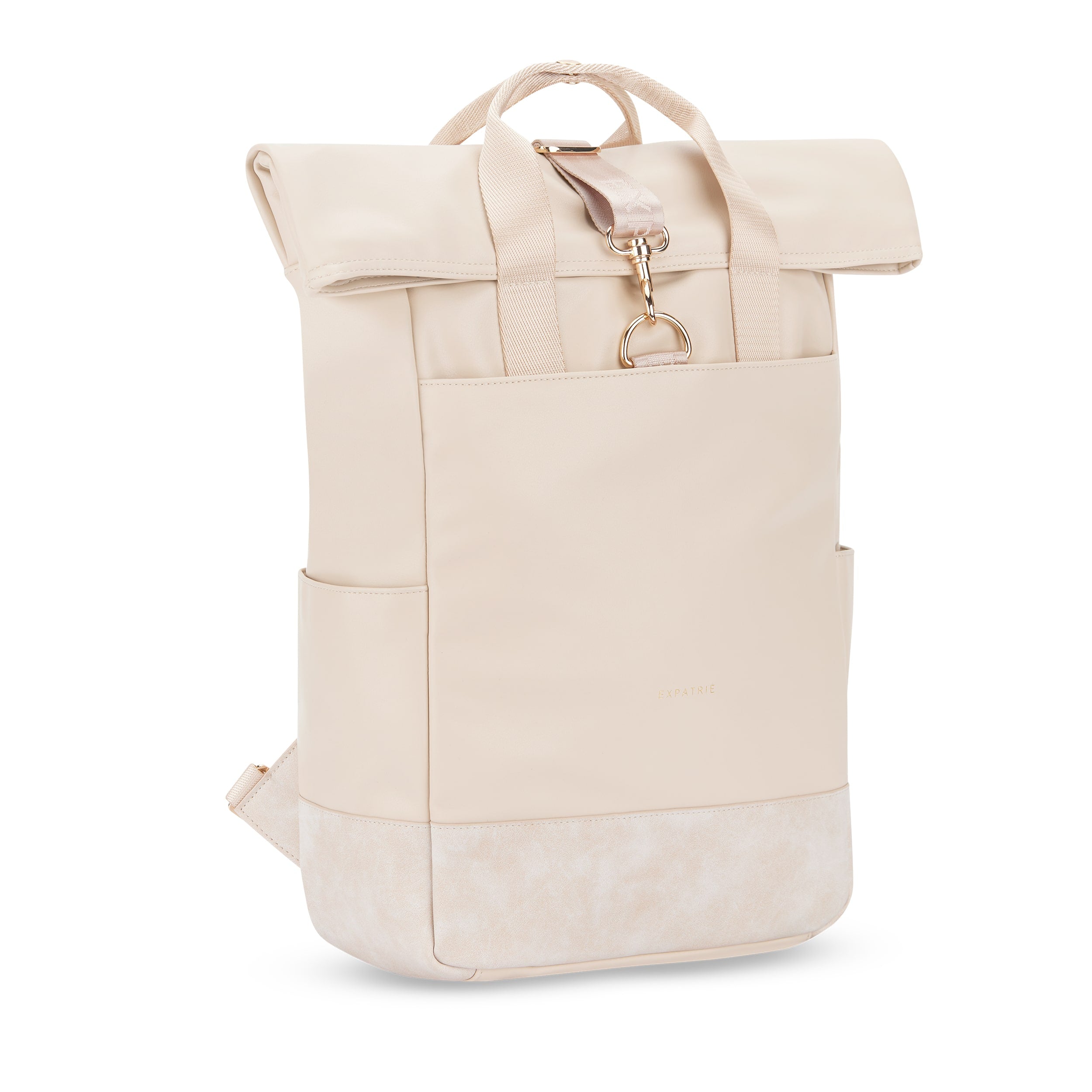 Beiger Rolltop Rucksack Adele für Damen mit Fronttasche und goldfarbenem Karabiner