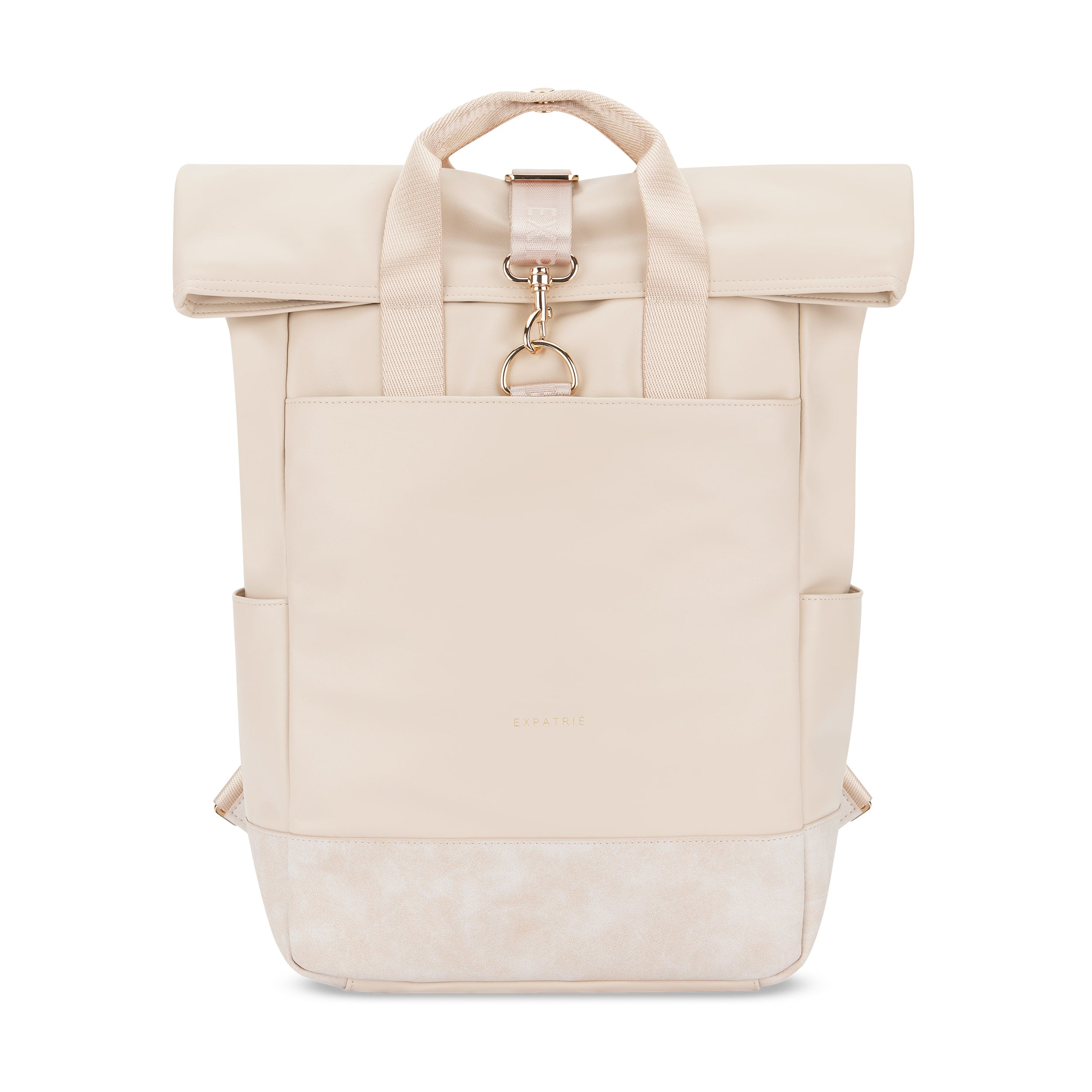 Beiger Rolltop Rucksack Adele mit Frontfach und Metallverschluss