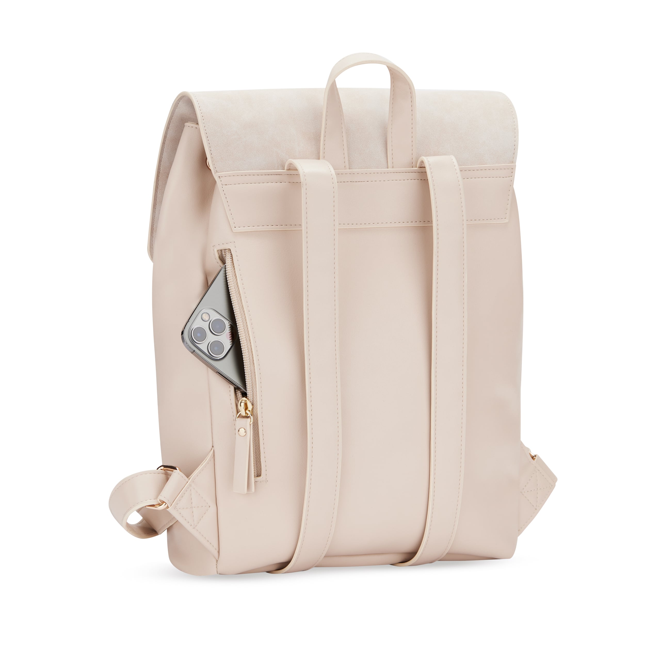 Kunstleder Rucksack Estelle in Sandbeige mit zwei Schulterriemen und seitlicher Reißverschlusstasche, Smartphone darin sichtbar