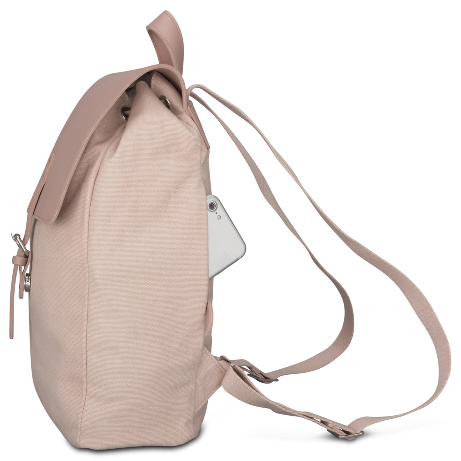 Rucksack Anouk in Rosa mit Außenfach, das ein weißes Handy hält