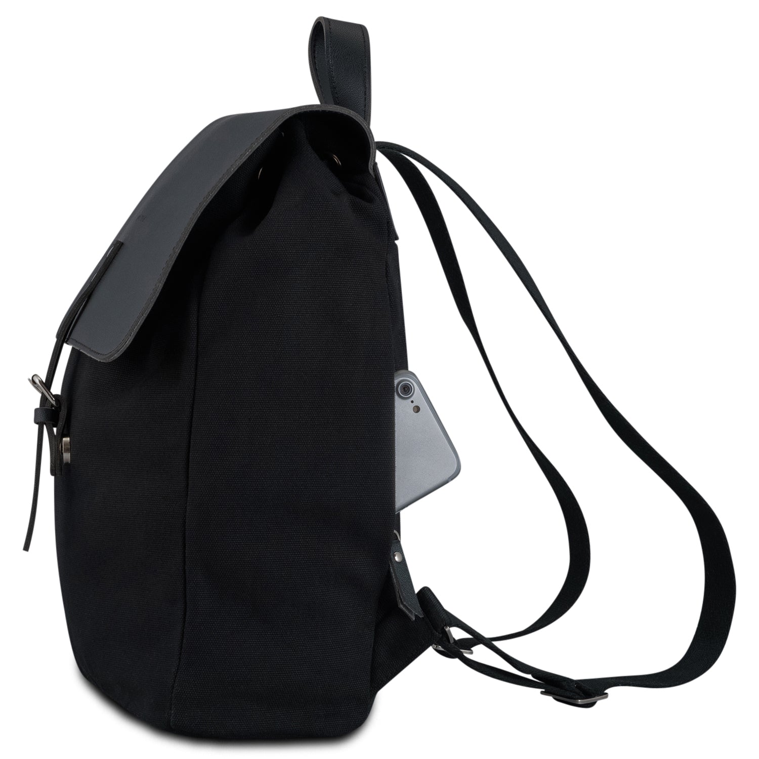 Schwarzer Rucksack Anouk für Damen mit seitlicher Tasche, aus robustem Stoff und Lederklappe