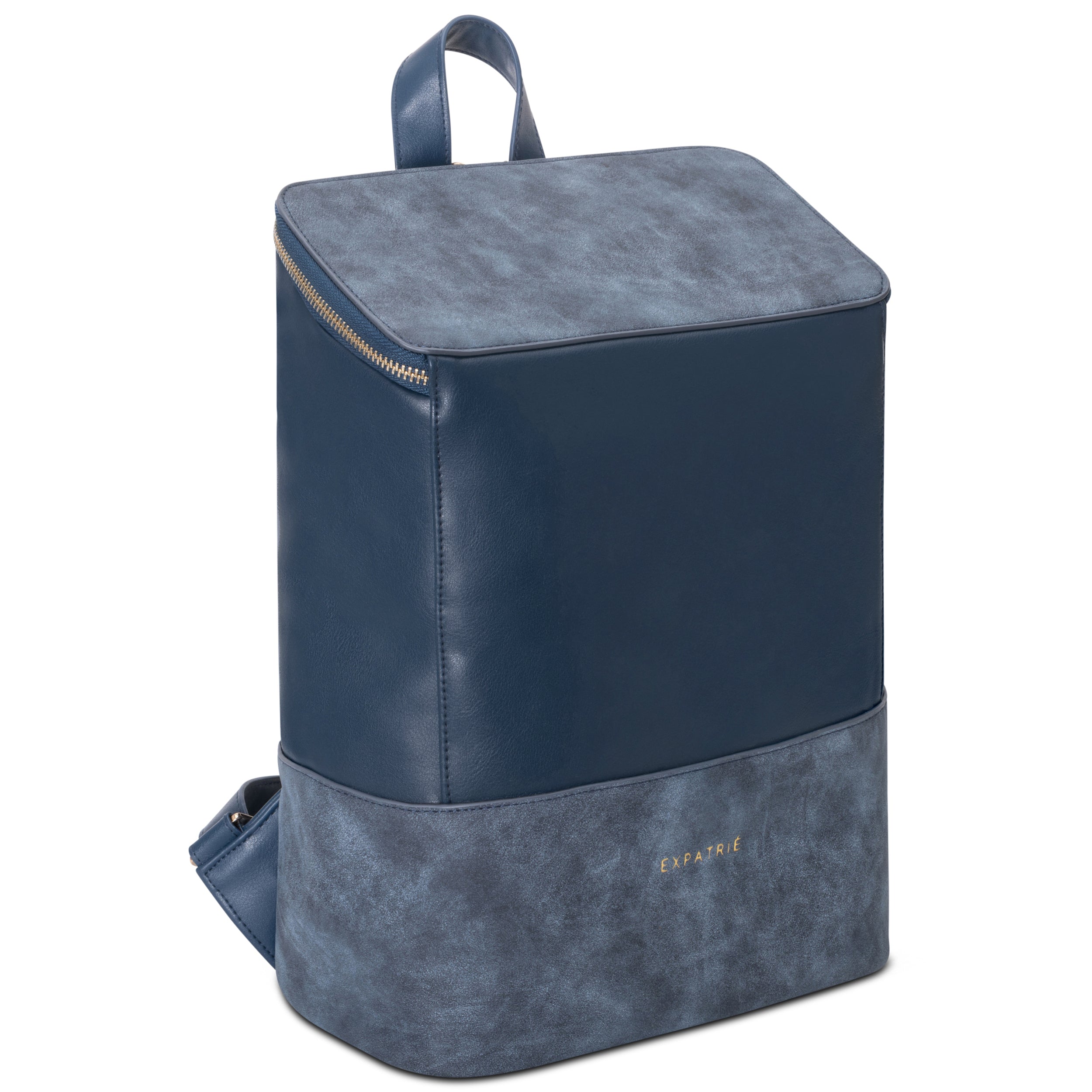 Blauer Kunstleder Rucksack Malou für Damen mit ungewöhnlicher eckiger Form und goldfarbenem Reißverschluss