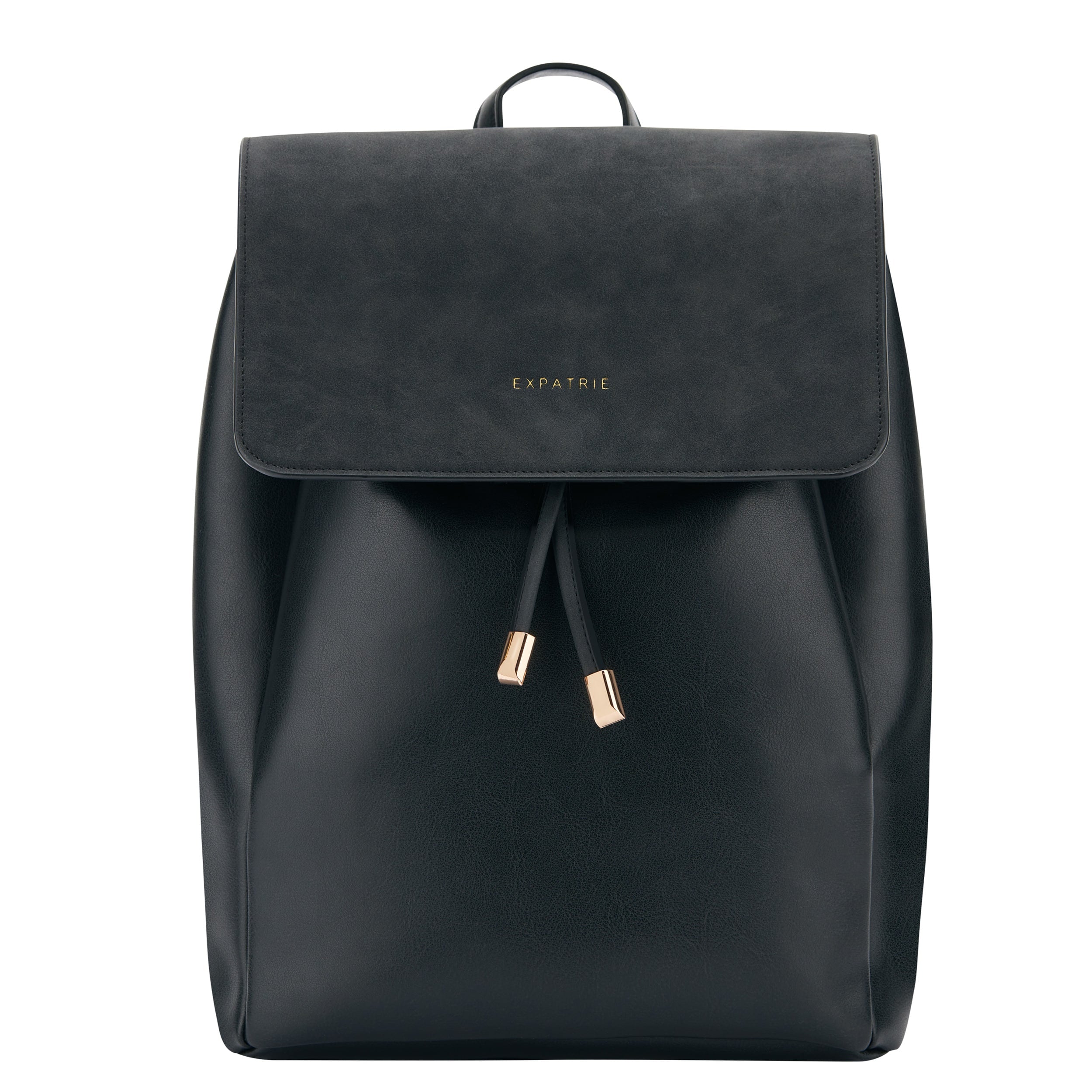 Schwarzer Kunstleder-Rucksack Estelle mit Klappe und Zugband, goldfarbene Details